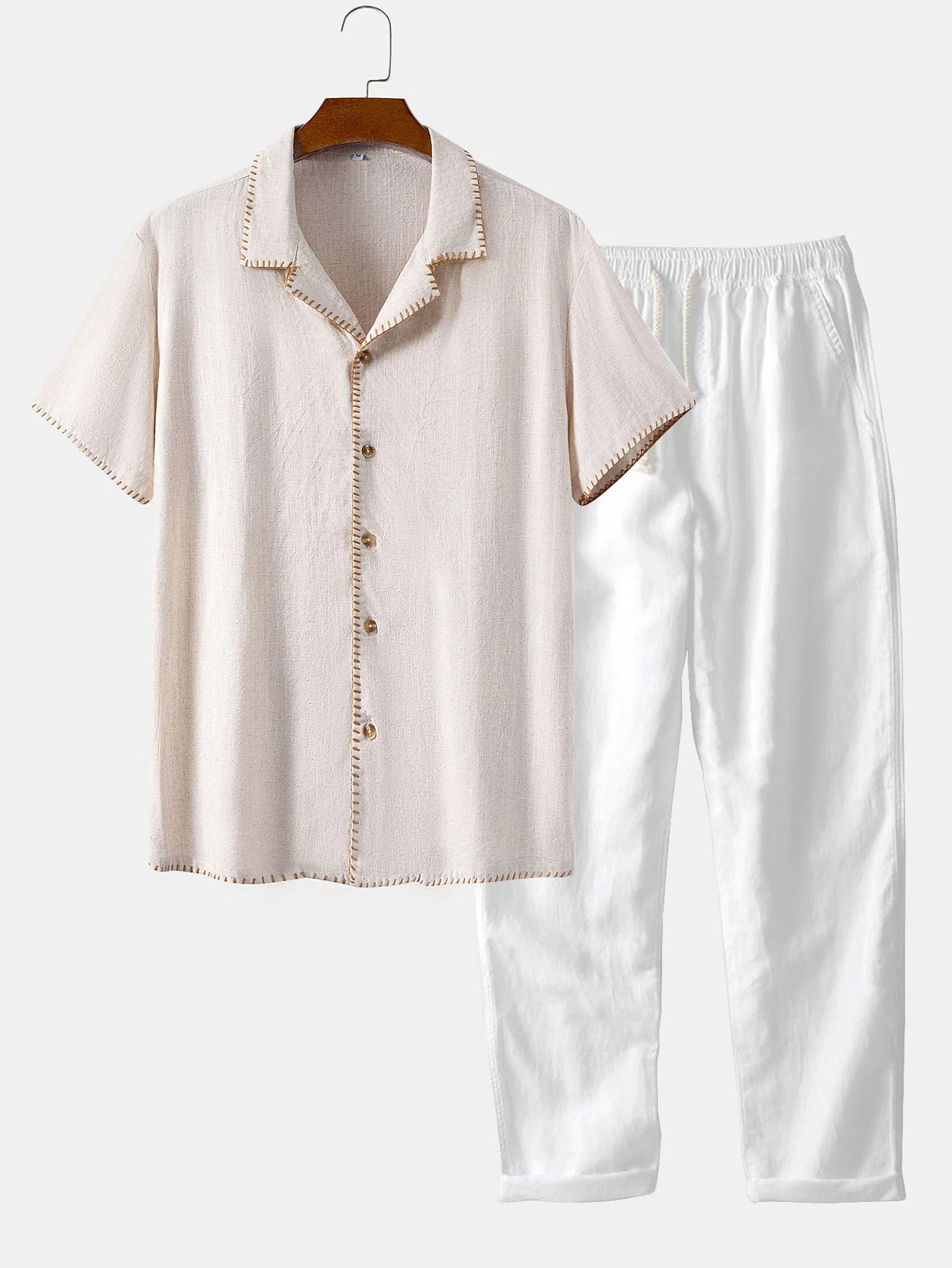 Contrast Stitching Linen Rayon Blend Cuban Shirt & Straight Leg Linen Pants - Image 2