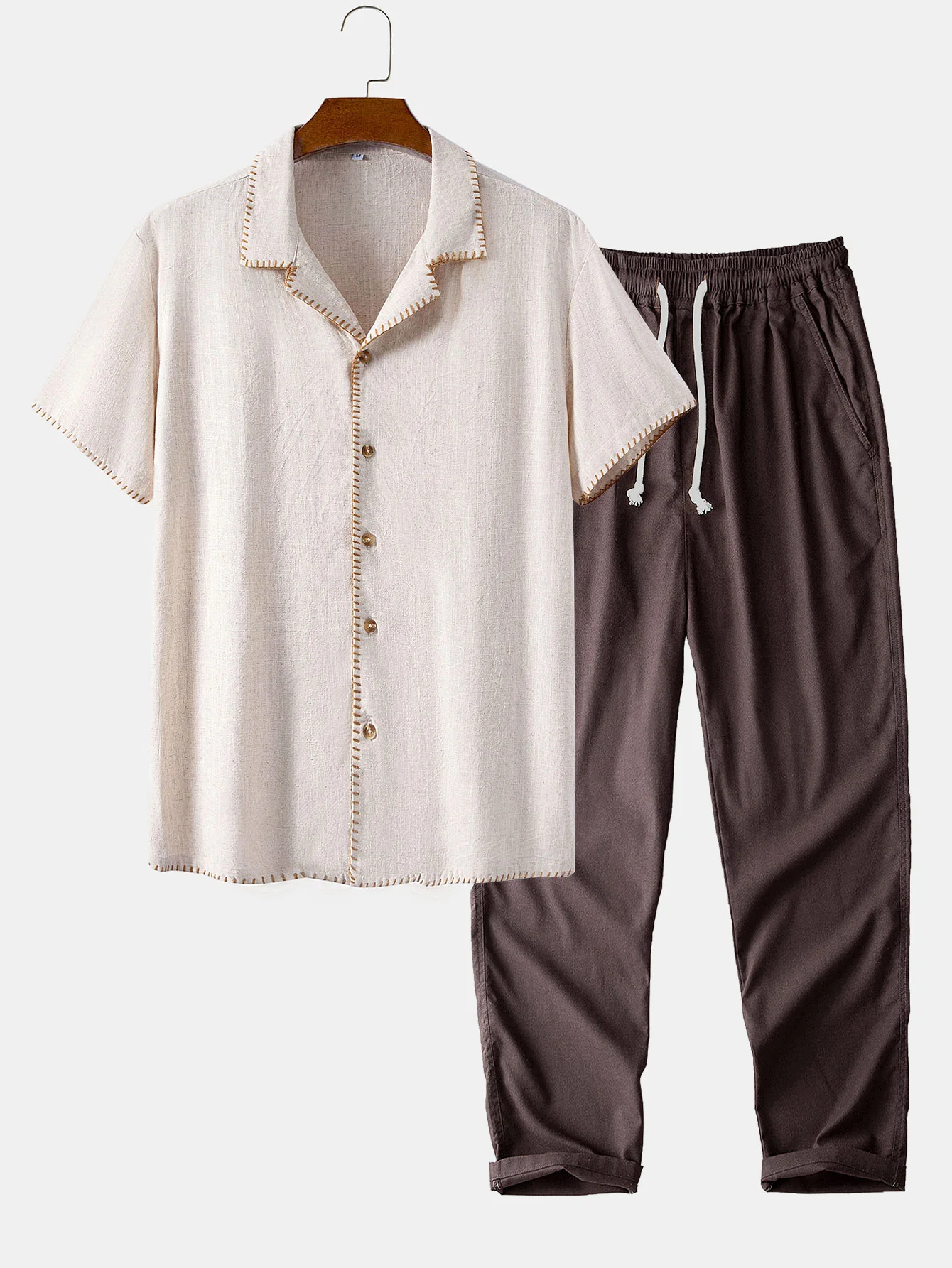 Contrast Stitching Linen Rayon Blend Cuban Shirt & Straight Leg Linen Pants - Image 3