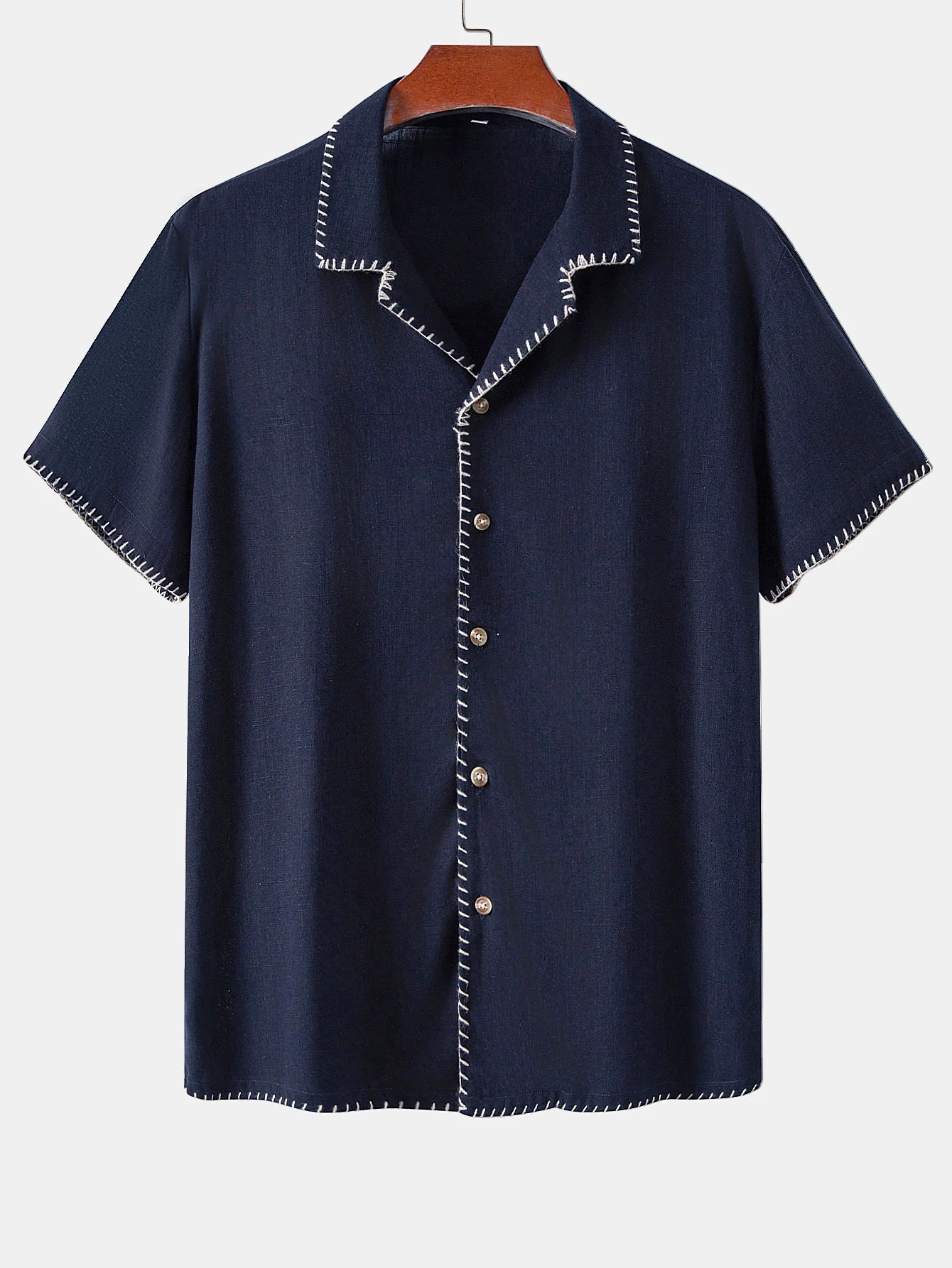 Contrast Stitching Linen Rayon Blend Cuban Shirt & Straight Leg Linen Pants - Image 6