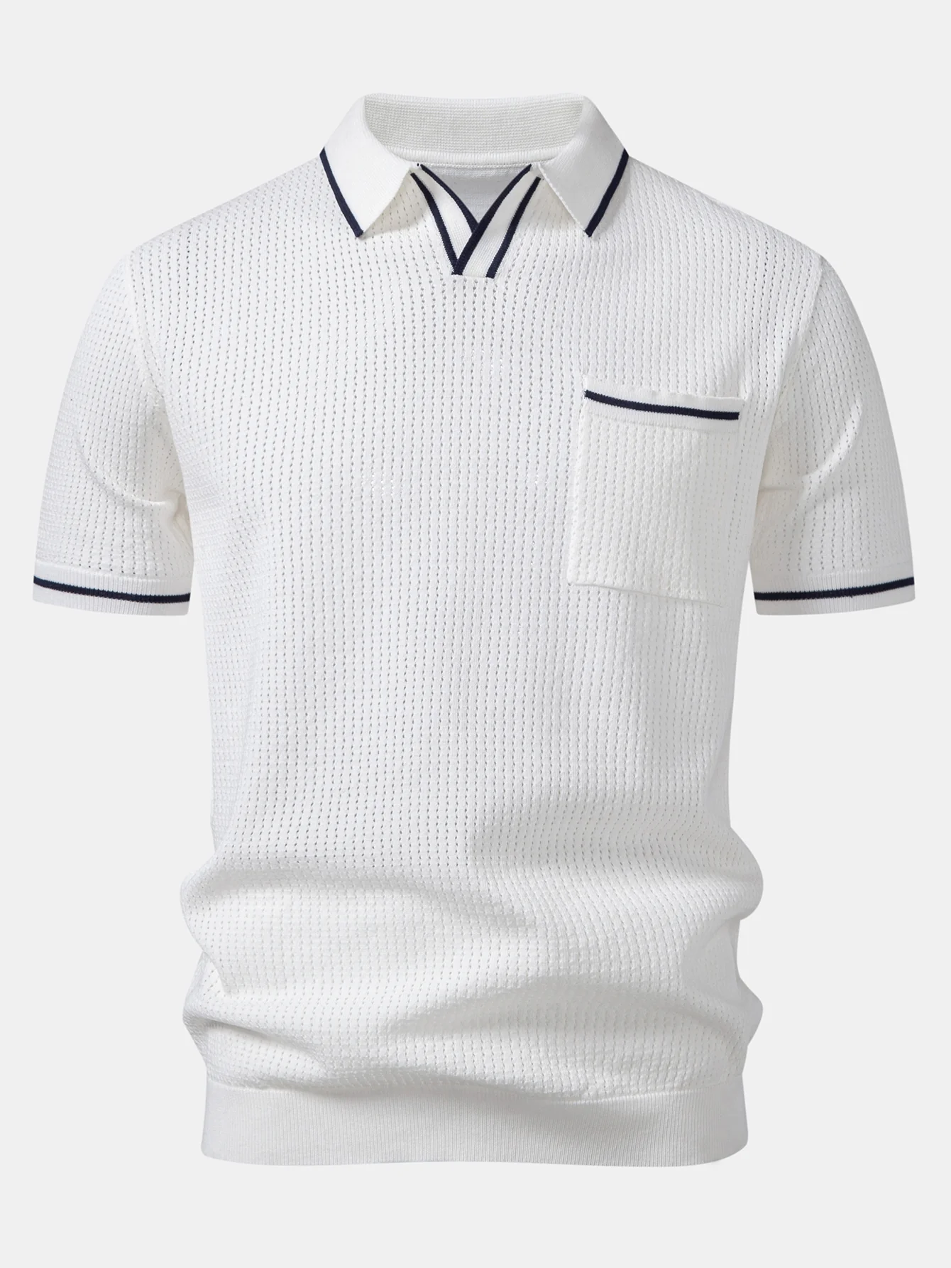 Contrast Stripe Trim Pocket Johnny Collar Knit Polo - Image 3