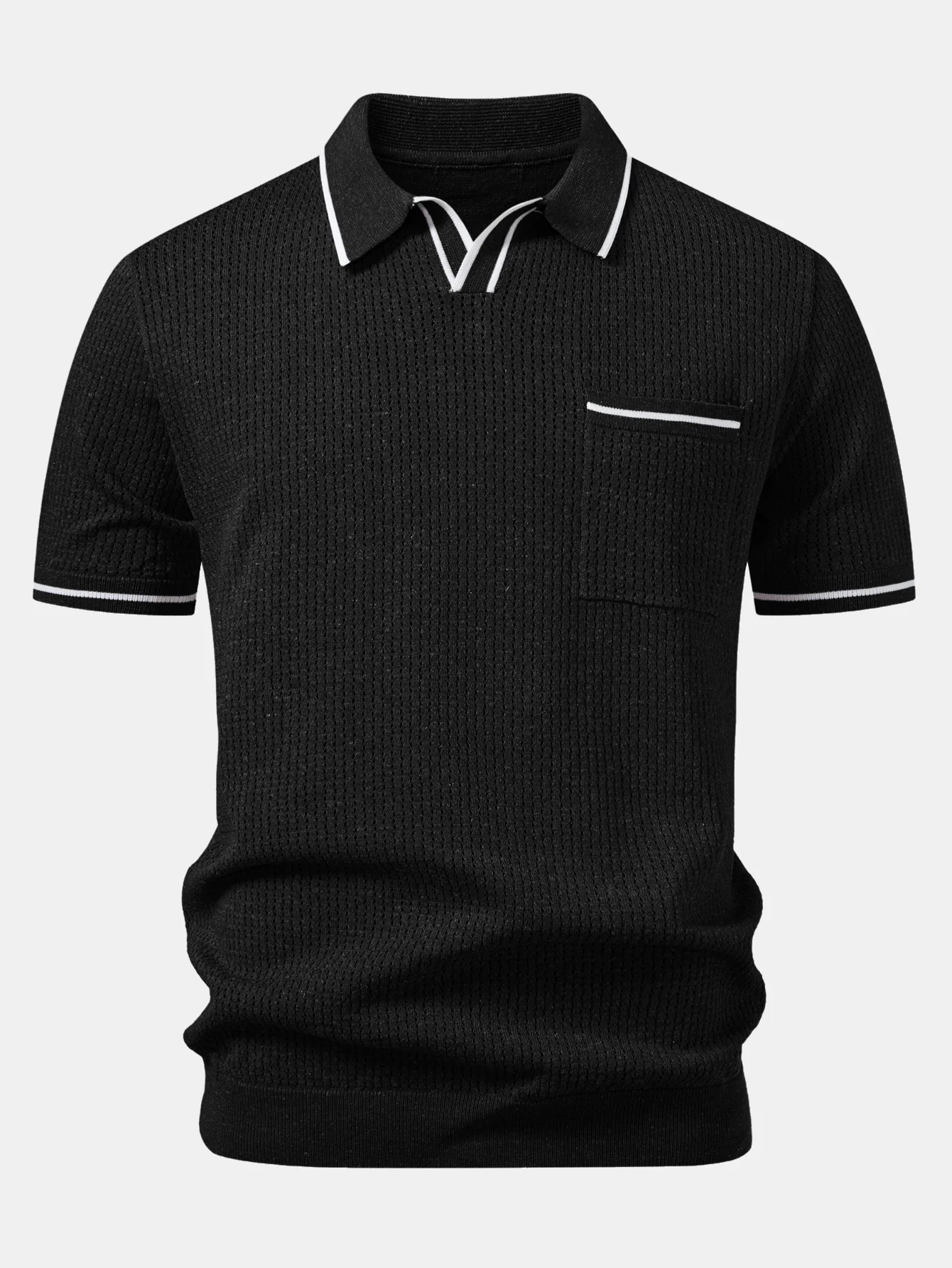 Contrast Stripe Trim Pocket Johnny Collar Knit Polo - Image 5