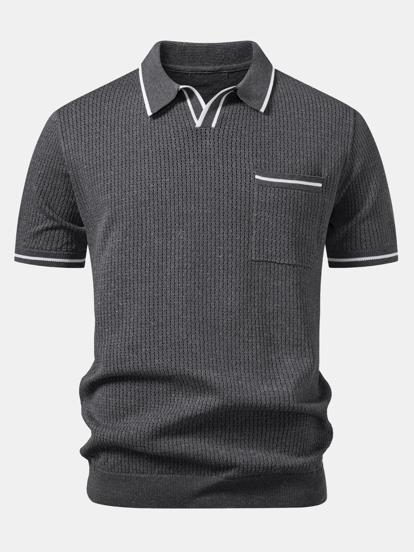 Contrast Stripe Trim Pocket Johnny Collar Knit Polo - Image 7