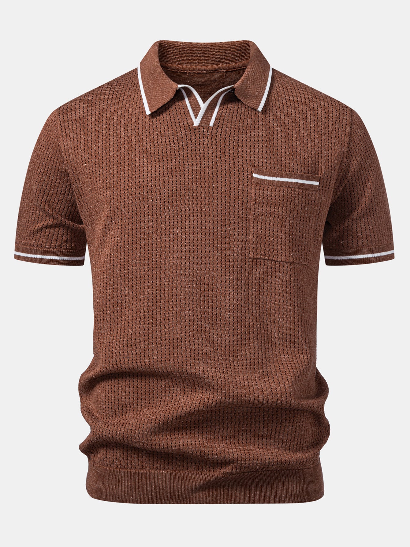 Contrast Stripe Trim Pocket Johnny Collar Knit Polo - Image 9