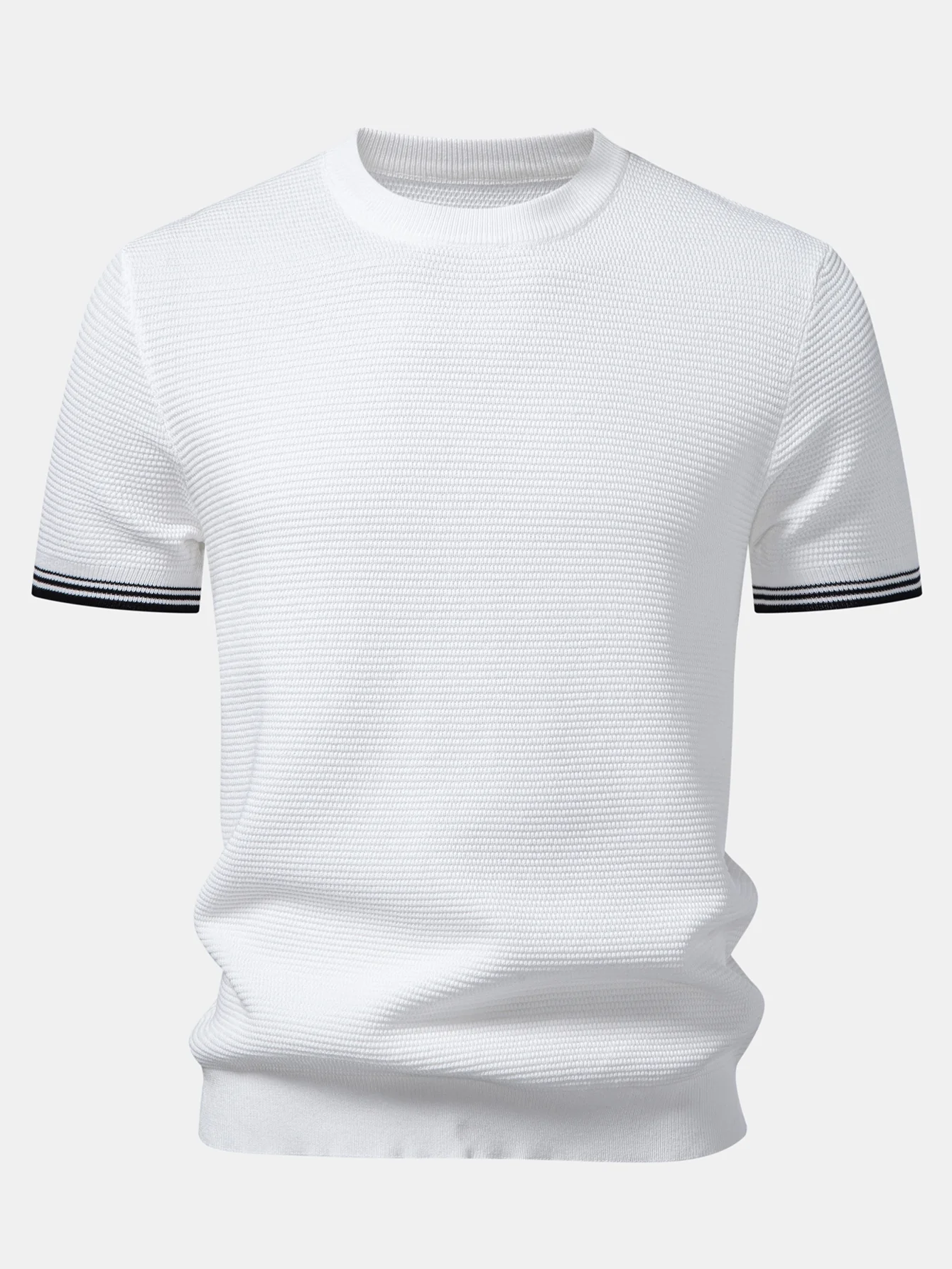 Contrast Stripe Trim Ribbed Knit T-Shirt - Image 3