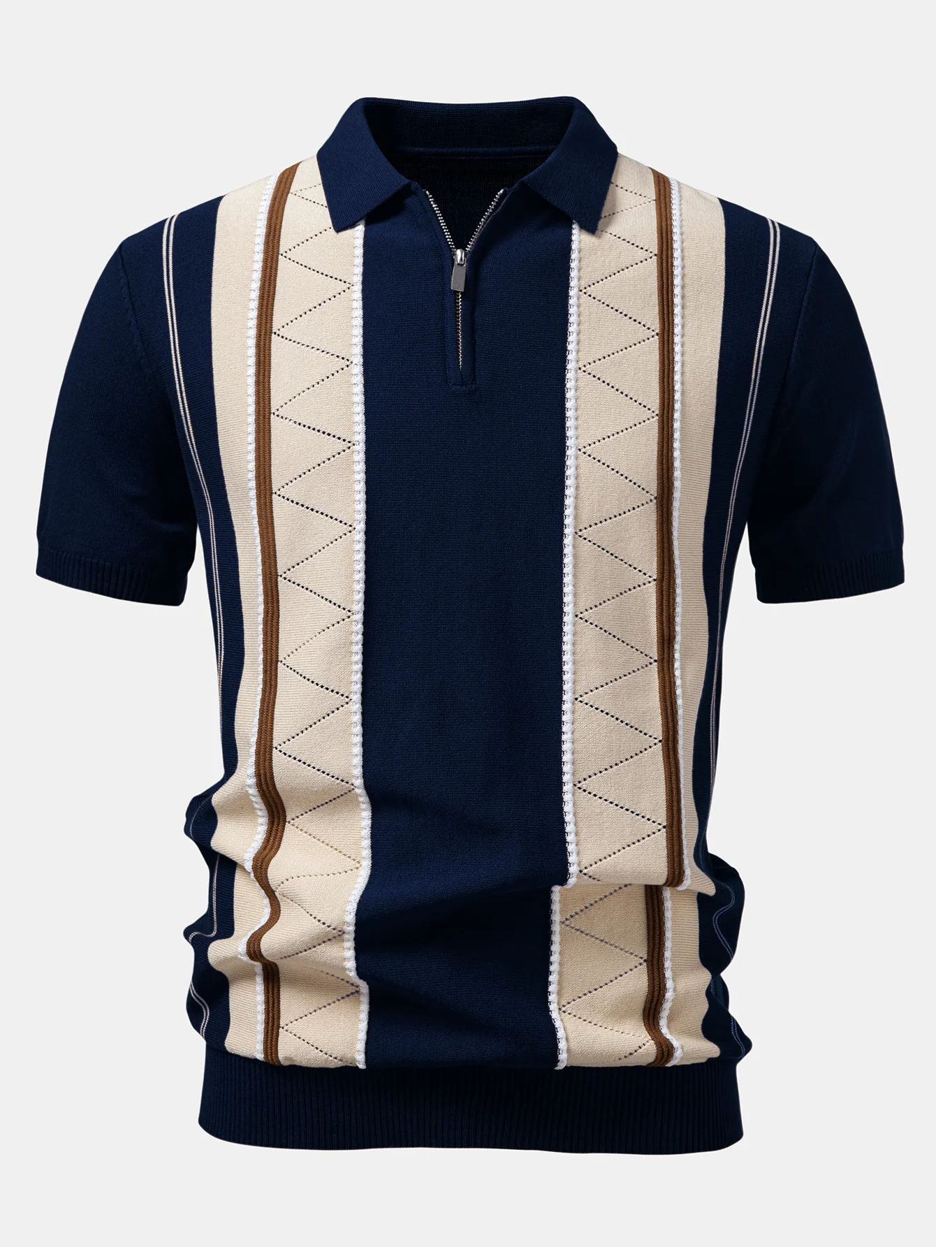 Contrast Striped Geometric zipper Knit Polo - Image 7