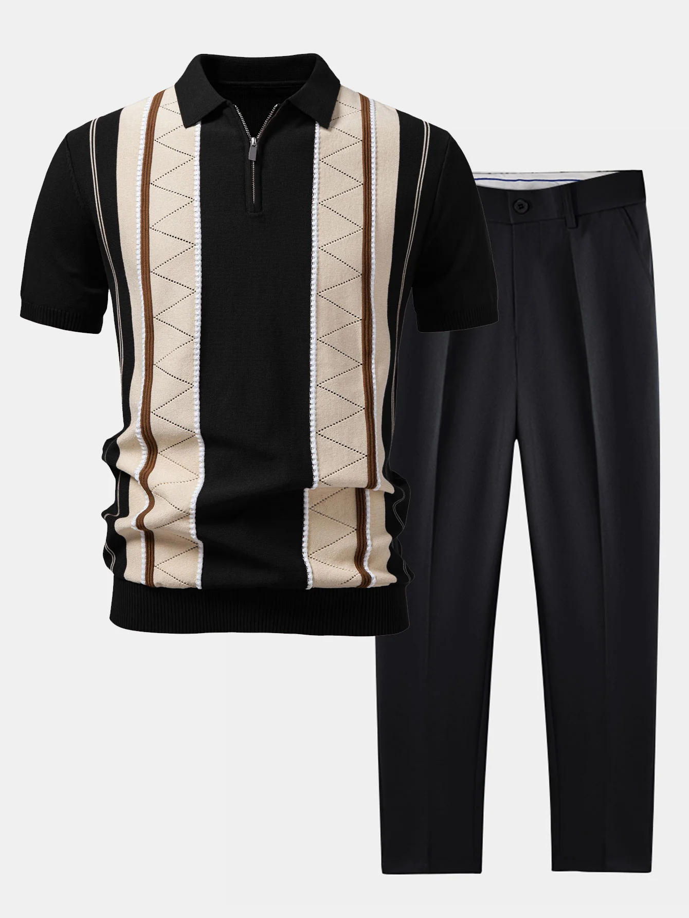 Contrast Striped Geometric zipper Knit Polo & Slim Fit Tapered Trousers - Image 2