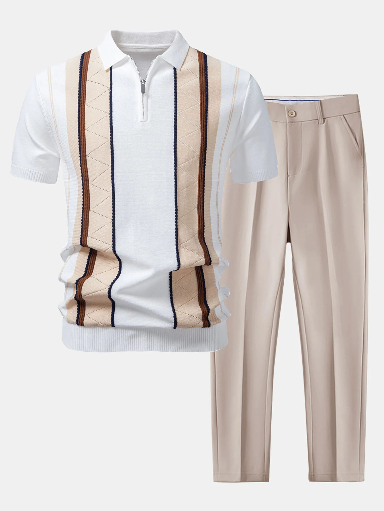 Contrast Striped Geometric zipper Knit Polo & Slim Fit Tapered Trousers - Image 3