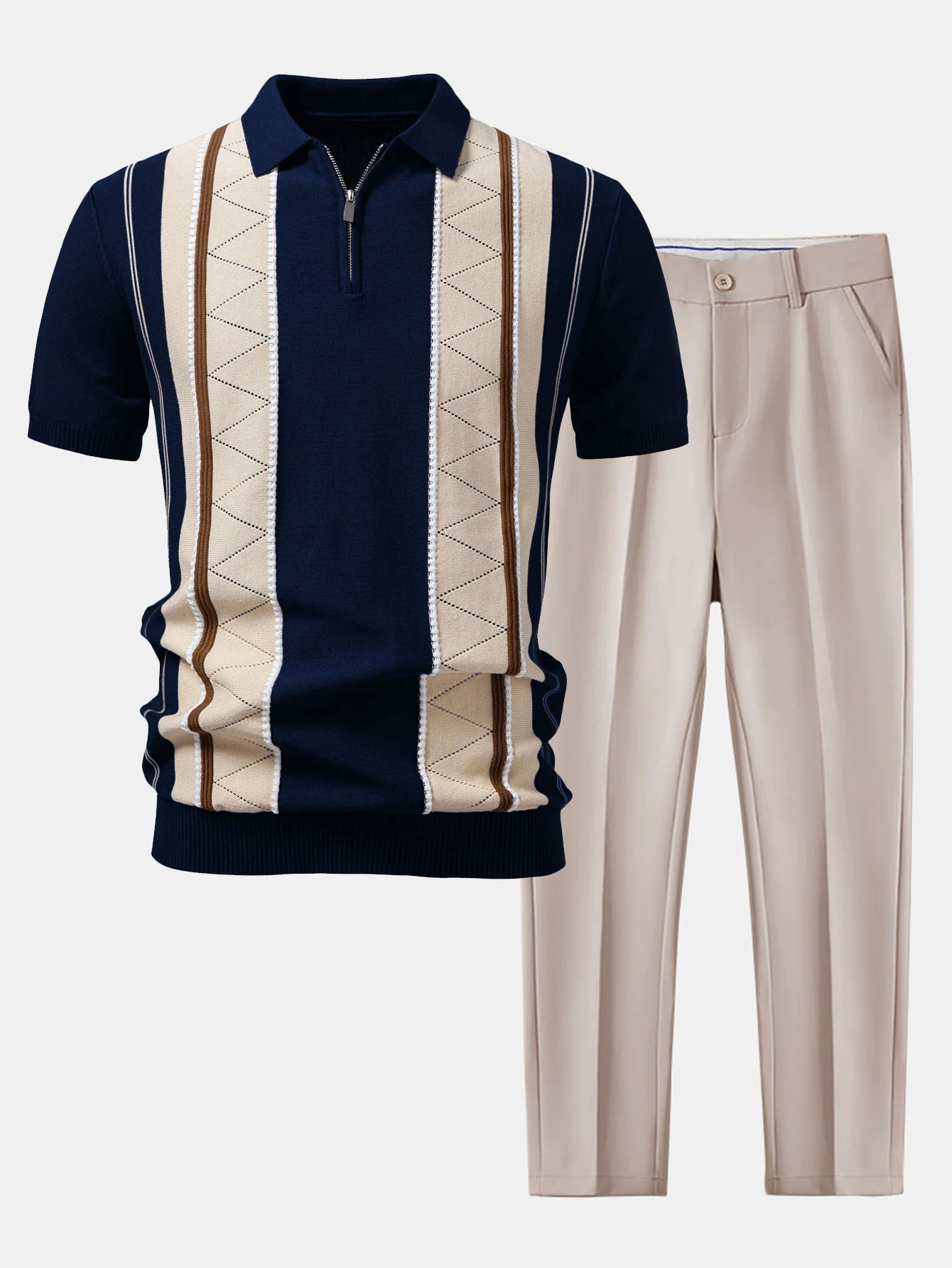 Contrast Striped Geometric zipper Knit Polo & Slim Fit Tapered Trousers - Image 4
