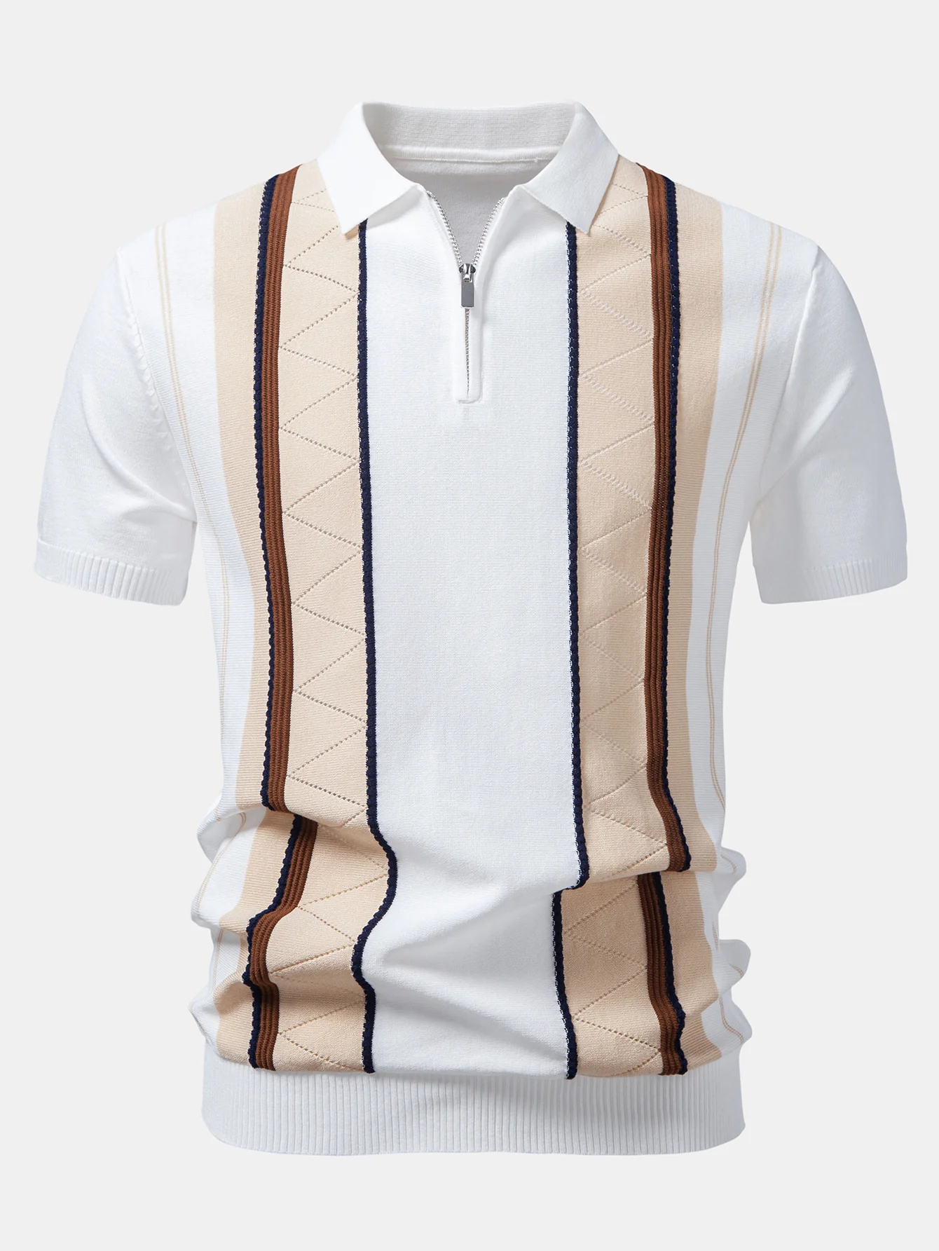 Contrast Striped Geometric zipper Knit Polo - Image 3
