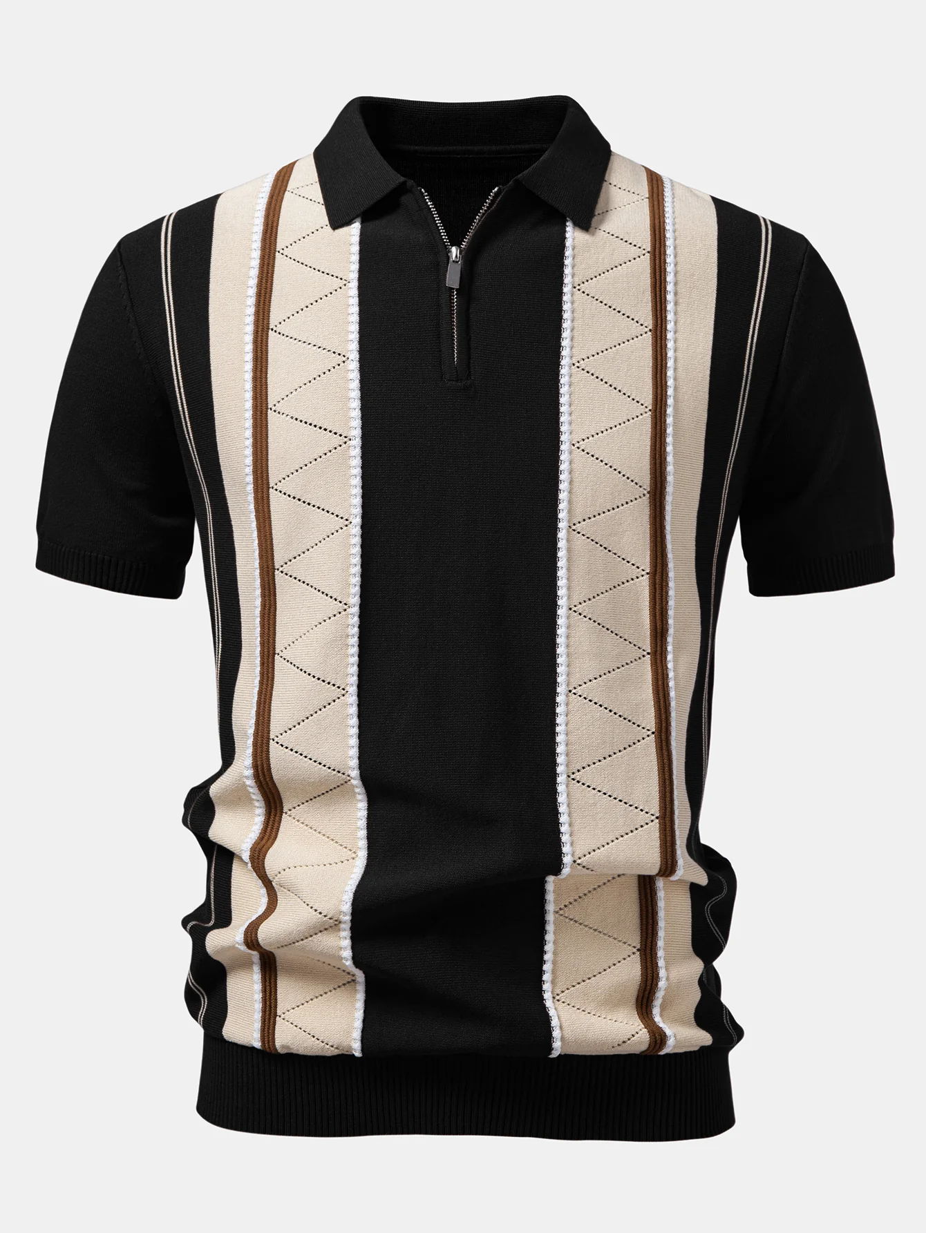 Contrast Striped Geometric zipper Knit Polo - Image 5