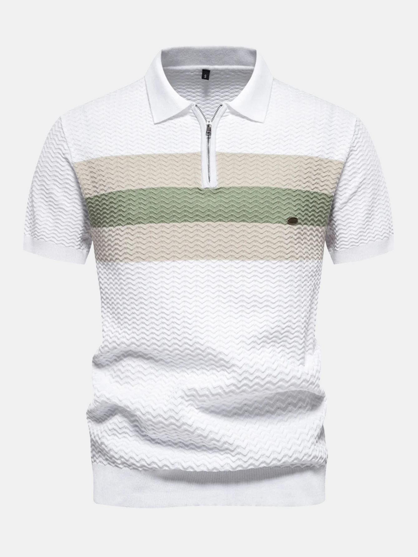 Kontrastreiches, strukturiertes Jacquard-Strick-Poloshirt mit Reißverschluss - Image 3