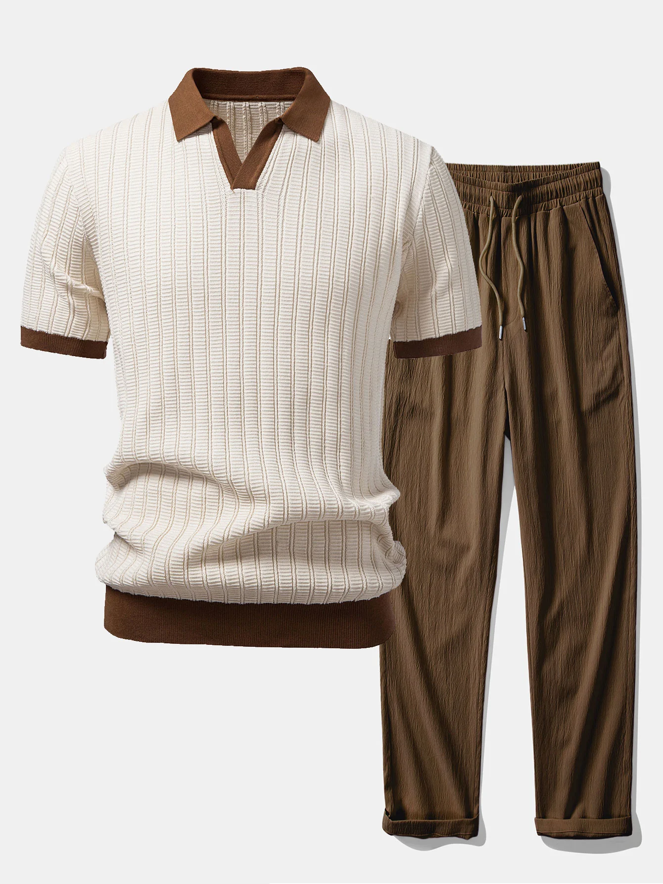 Contrast Textured Johnny Collar Knit Polo & Crinkle Textured Straight Leg Pants