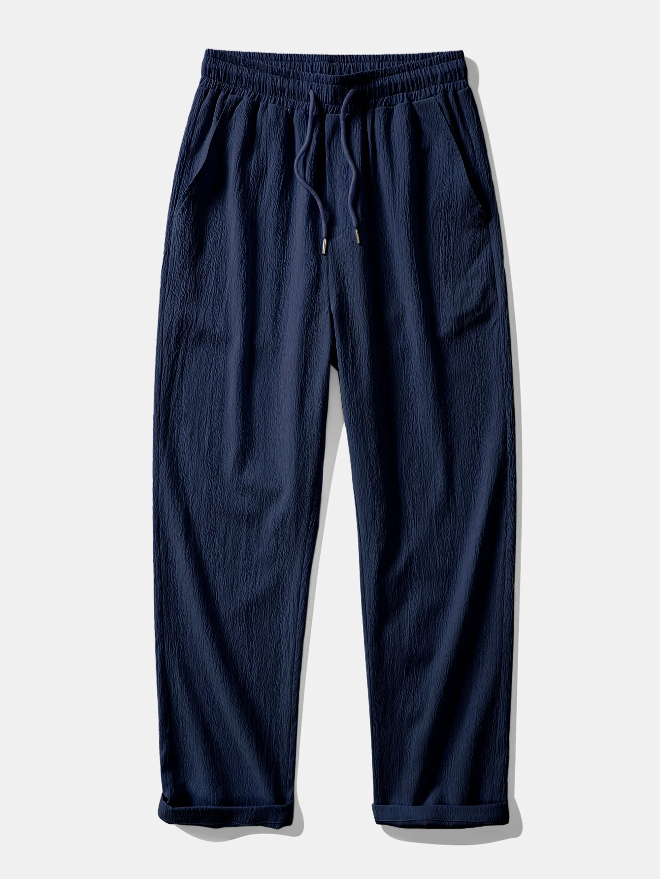 Short Sleeve Linen Look Stand Collar Shirt & Crinkle Textured Straight Leg Pants - Image 16