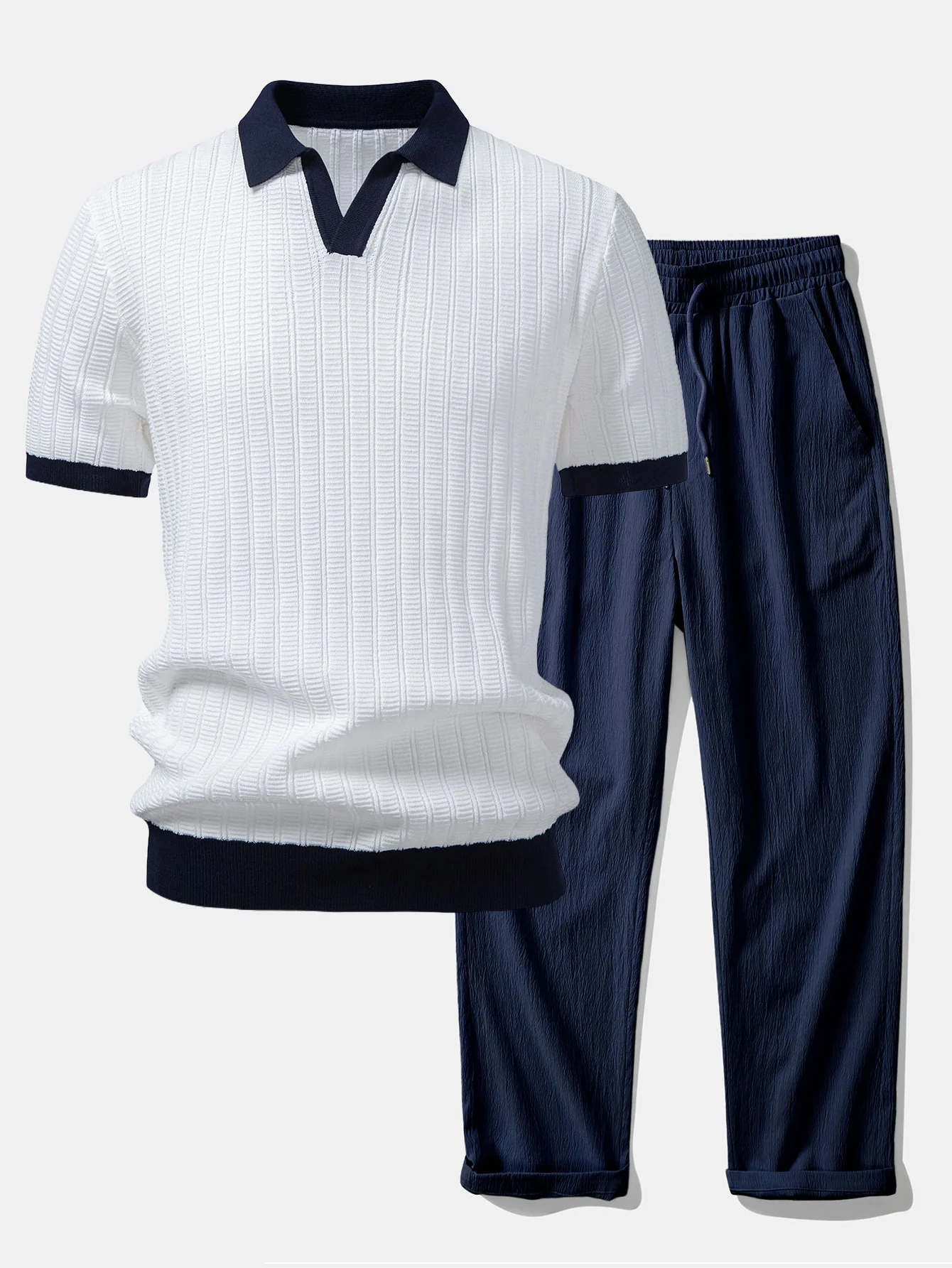 Contrast Textured Johnny Collar Knit Polo & Crinkle Textured Straight Leg Pants - Image 2