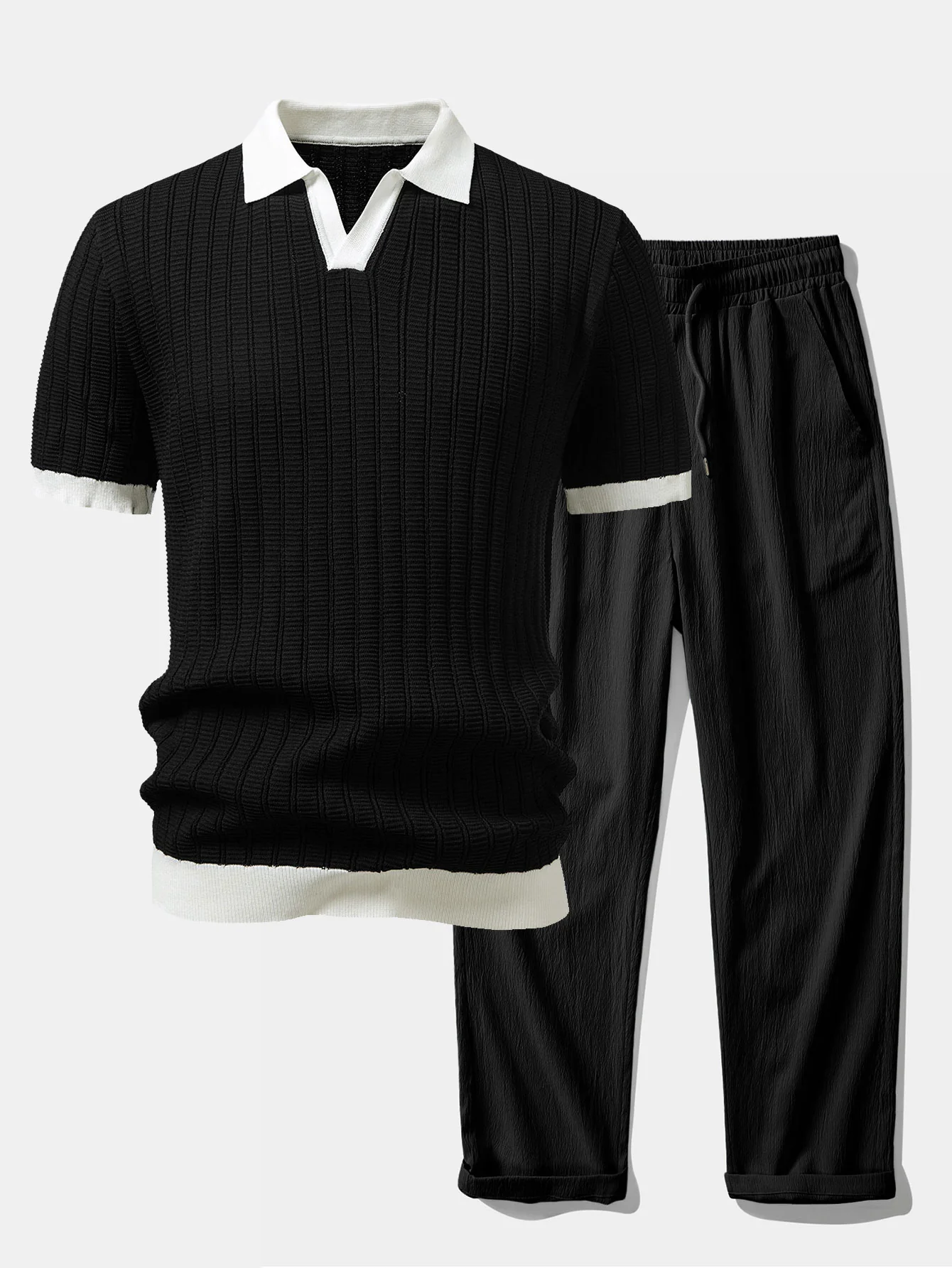 Contrast Textured Johnny Collar Knit Polo & Crinkle Textured Straight Leg Pants - Image 3