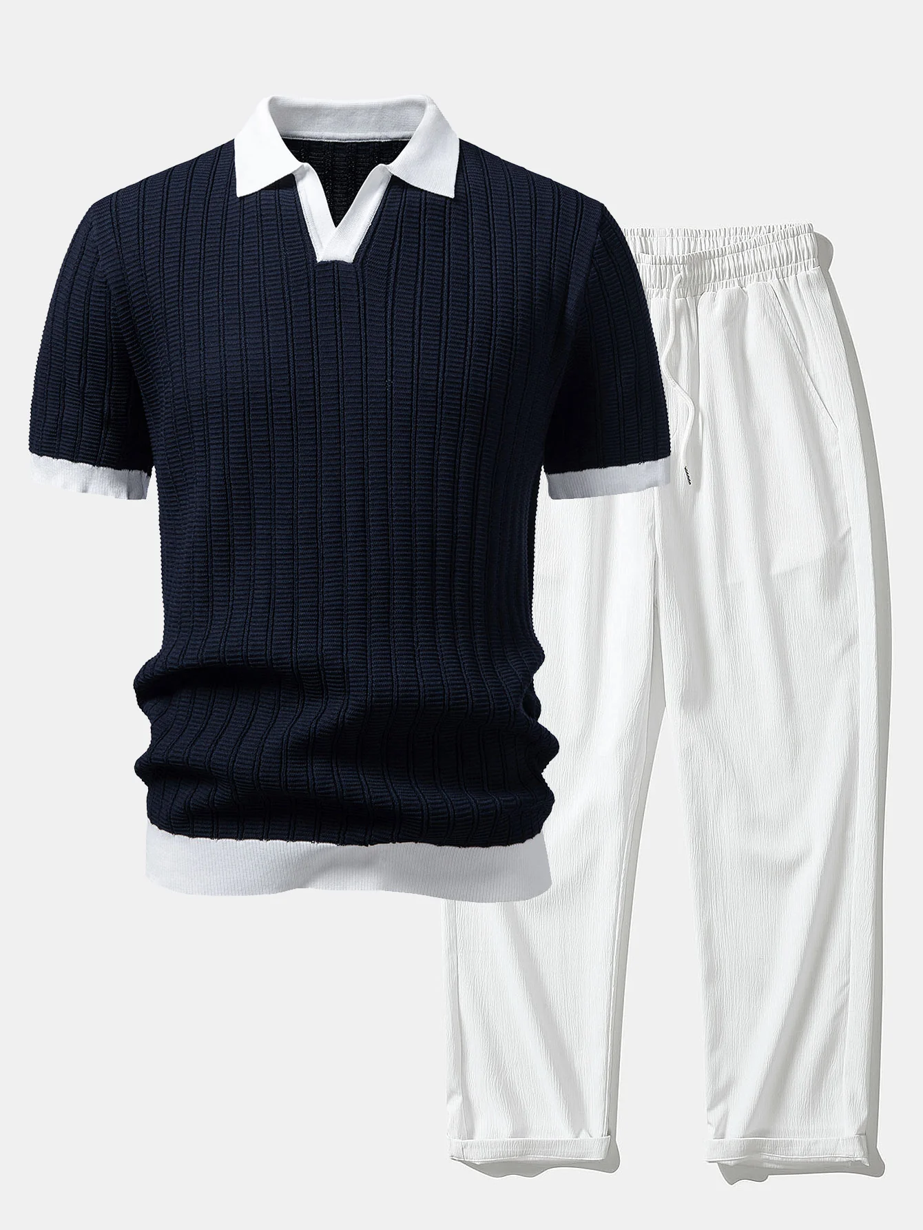 Contrast Textured Johnny Collar Knit Polo & Crinkle Textured Straight Leg Pants - Image 4