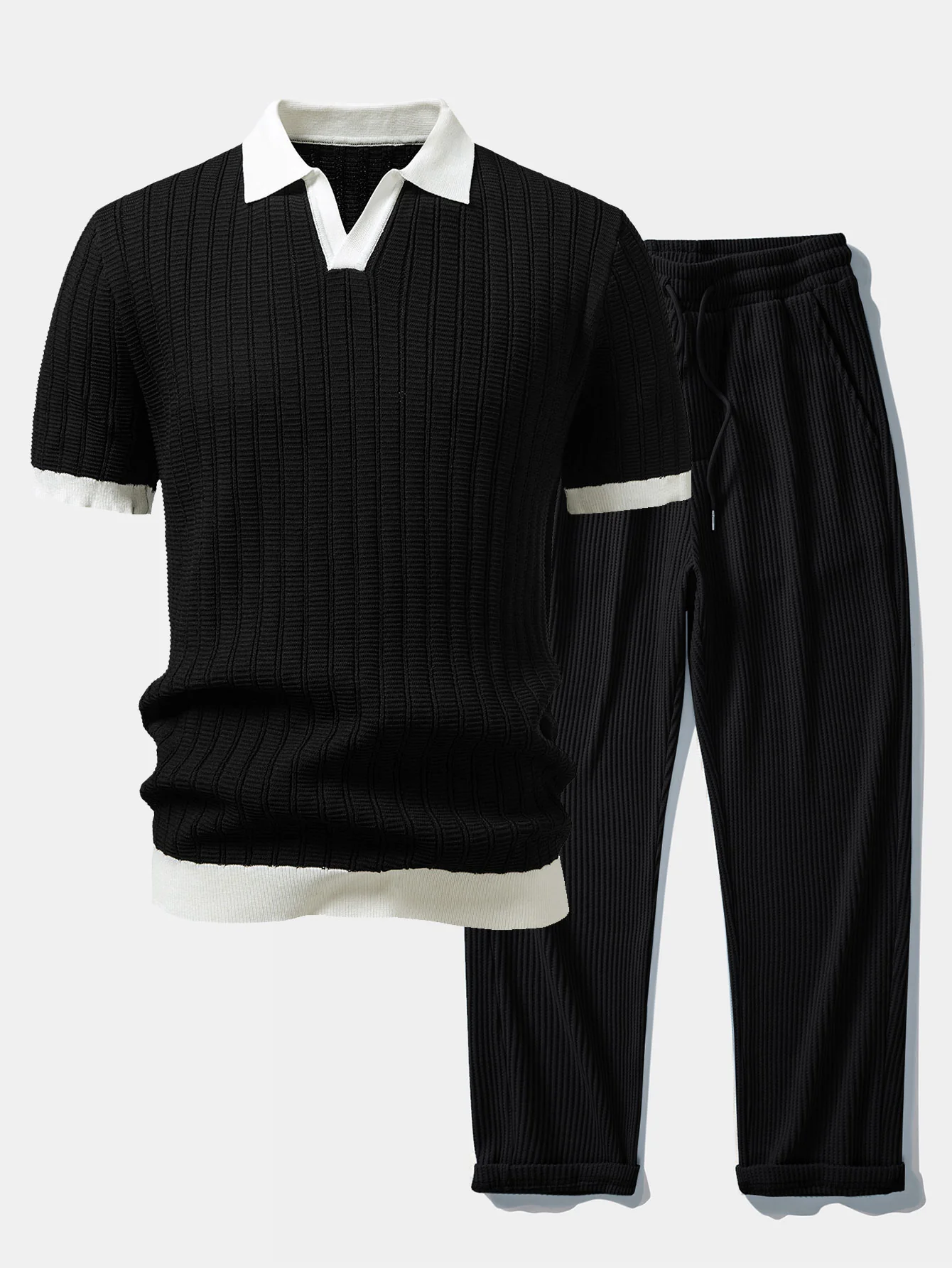 Contrast Textured Johnny Collar Knit Polo & Drawstring Knitted Waffle Pants - Image 2