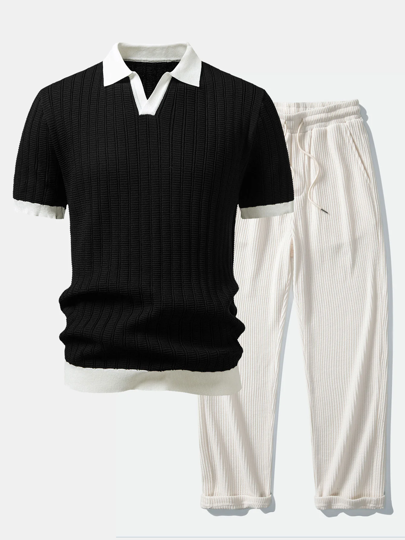 Contrast Textured Johnny Collar Knit Polo & Drawstring Knitted Waffle Pants - Image 3