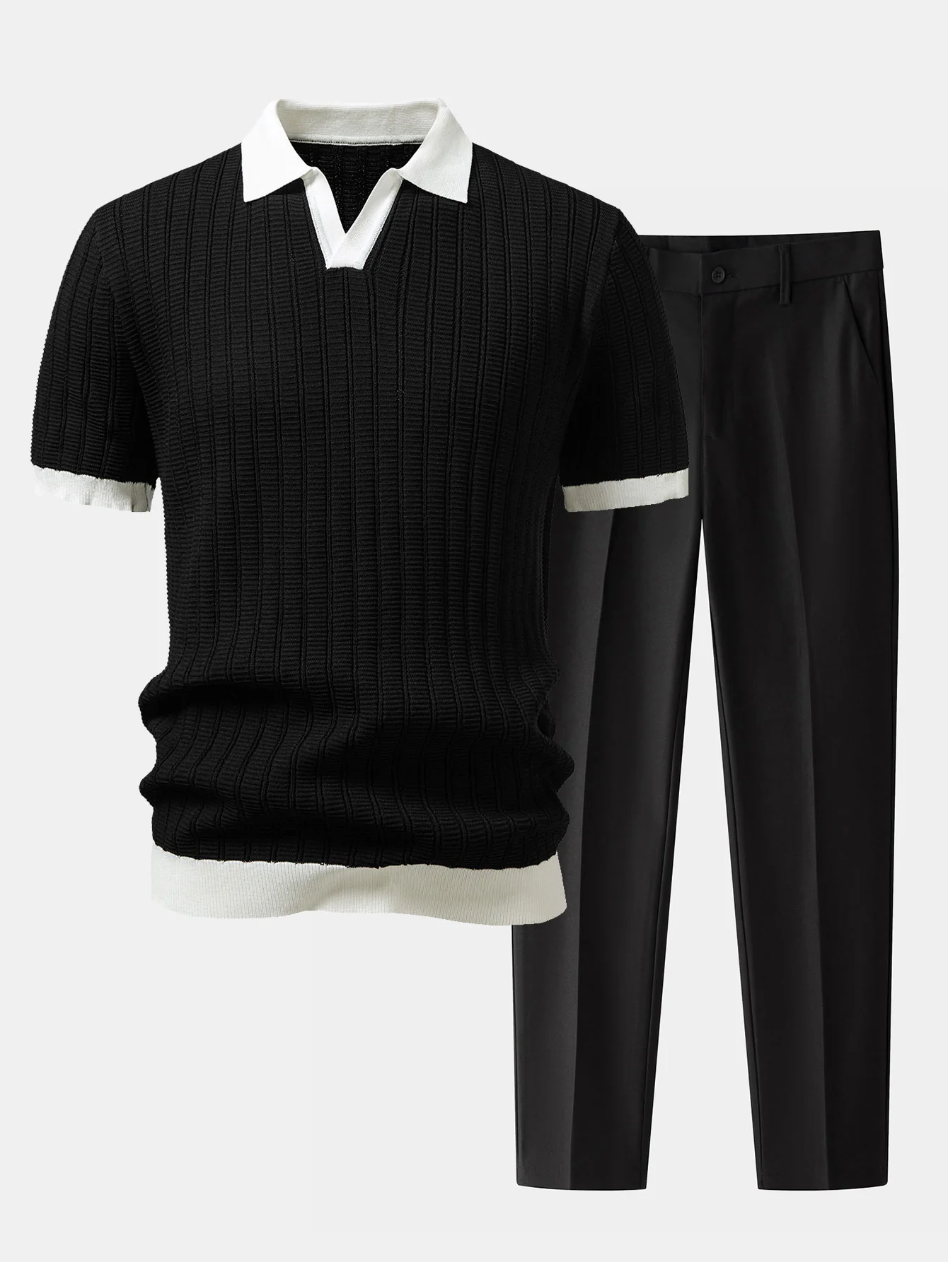 Contrast Textured Johnny Collar Polo & Slim Fit Tapered Trousers - Image 2
