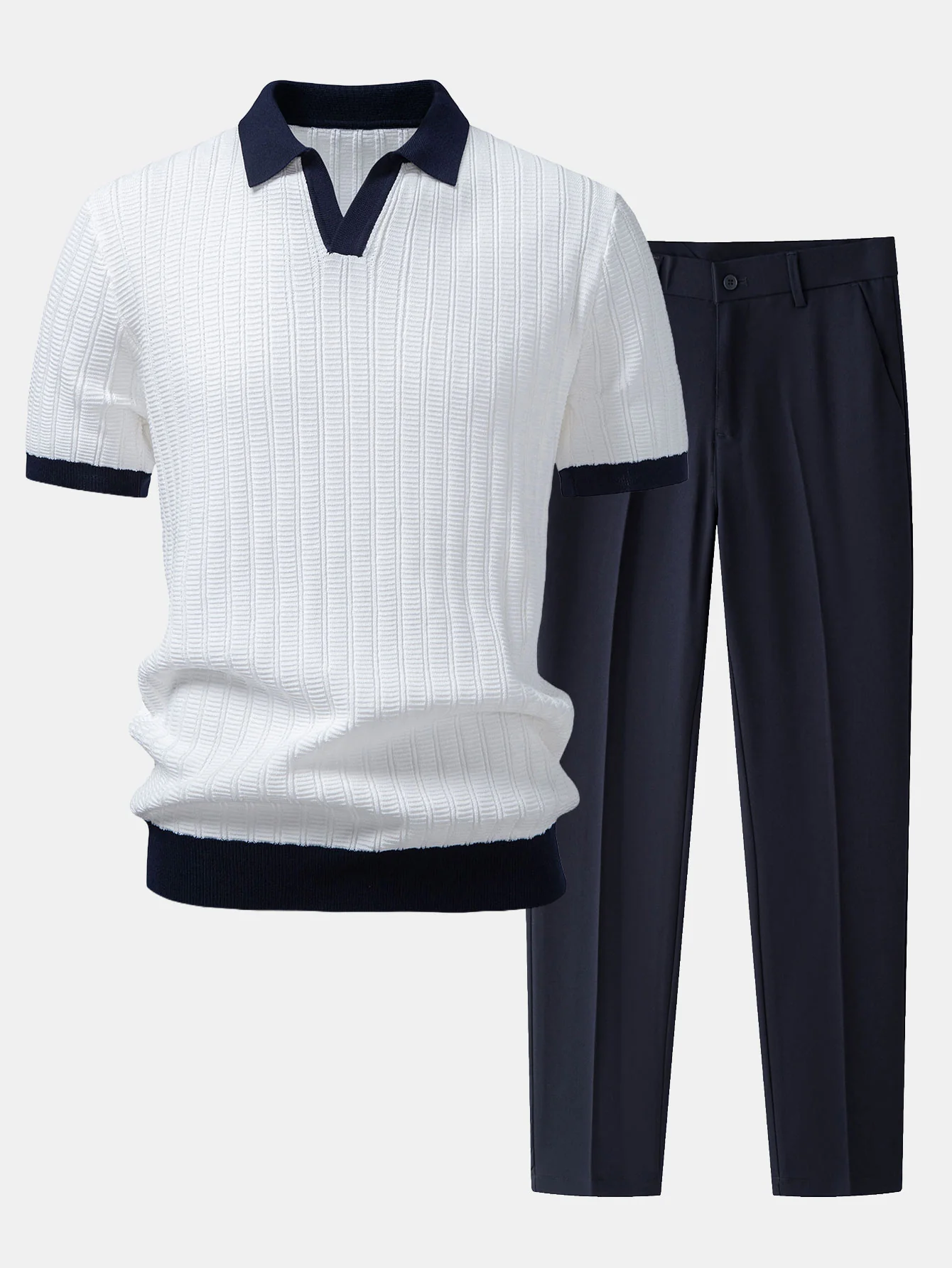 Contrast Textured Johnny Collar Polo & Slim Fit Tapered Trousers - Image 3