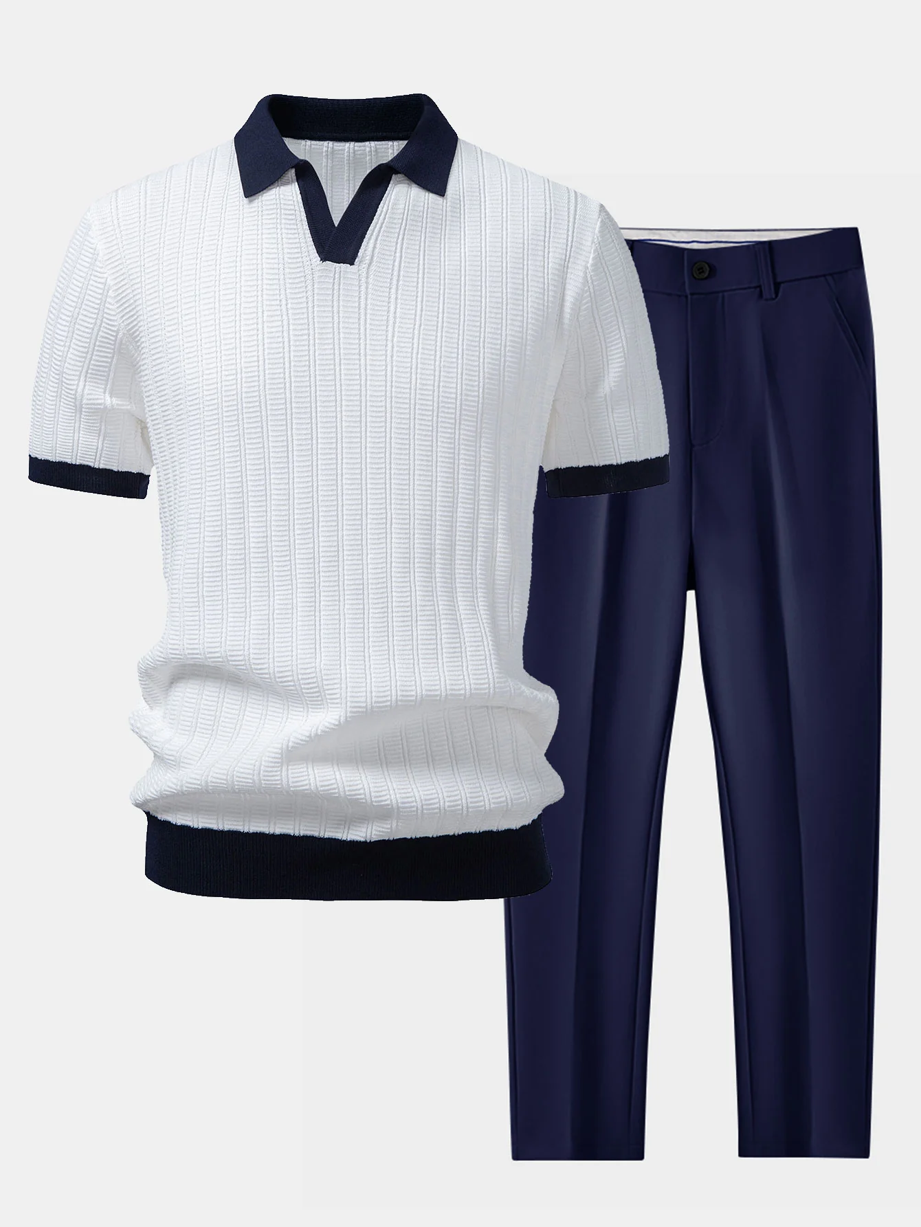 Contrast Textured Johnny Collar Knit Polo & Slim Fit Tapered Trousers