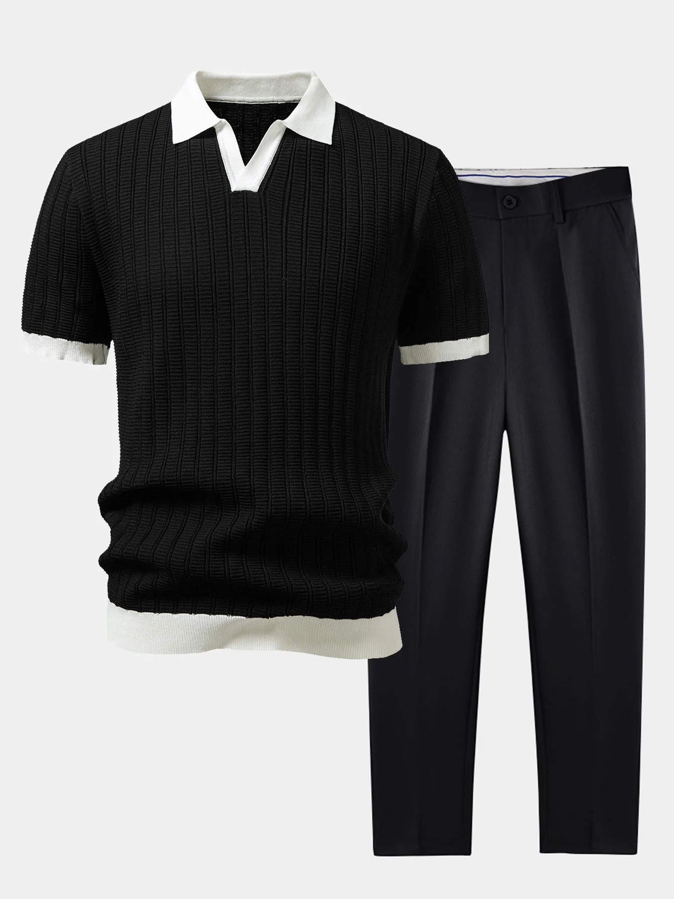 Contrast Textured Johnny Collar Knit Polo & Slim Fit Tapered Trousers - Image 2