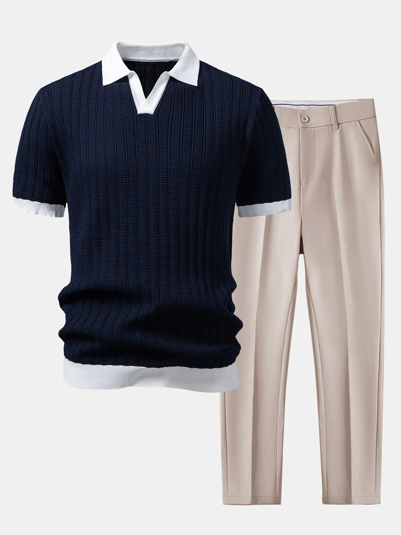 Contrast Textured Johnny Collar Knit Polo & Slim Fit Tapered Trousers - Image 3