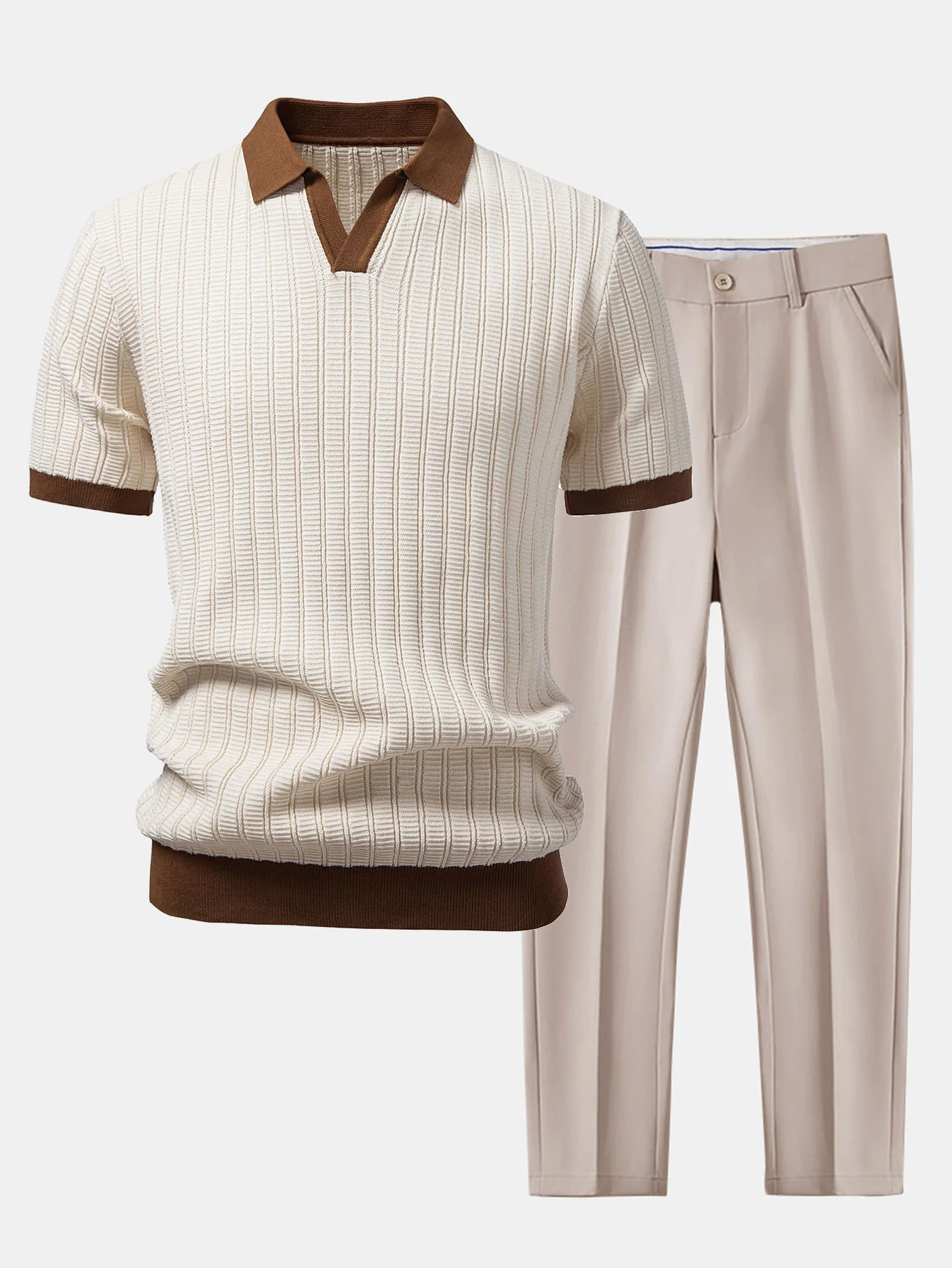 Contrast Textured Johnny Collar Knit Polo & Slim Fit Tapered Trousers - Image 4