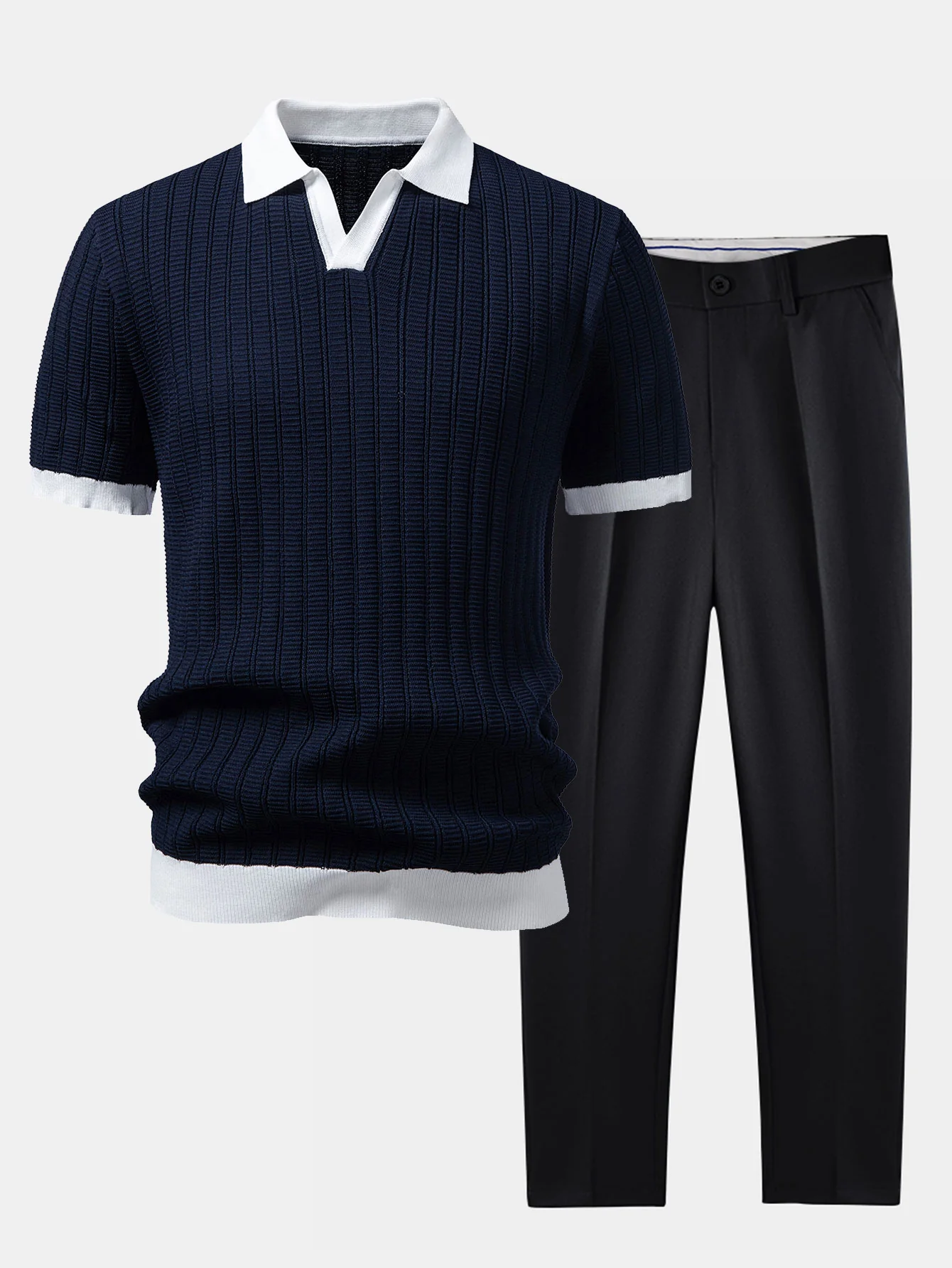 Contrast Textured Johnny Collar Knit Polo & Slim Fit Tapered Trousers - Image 5