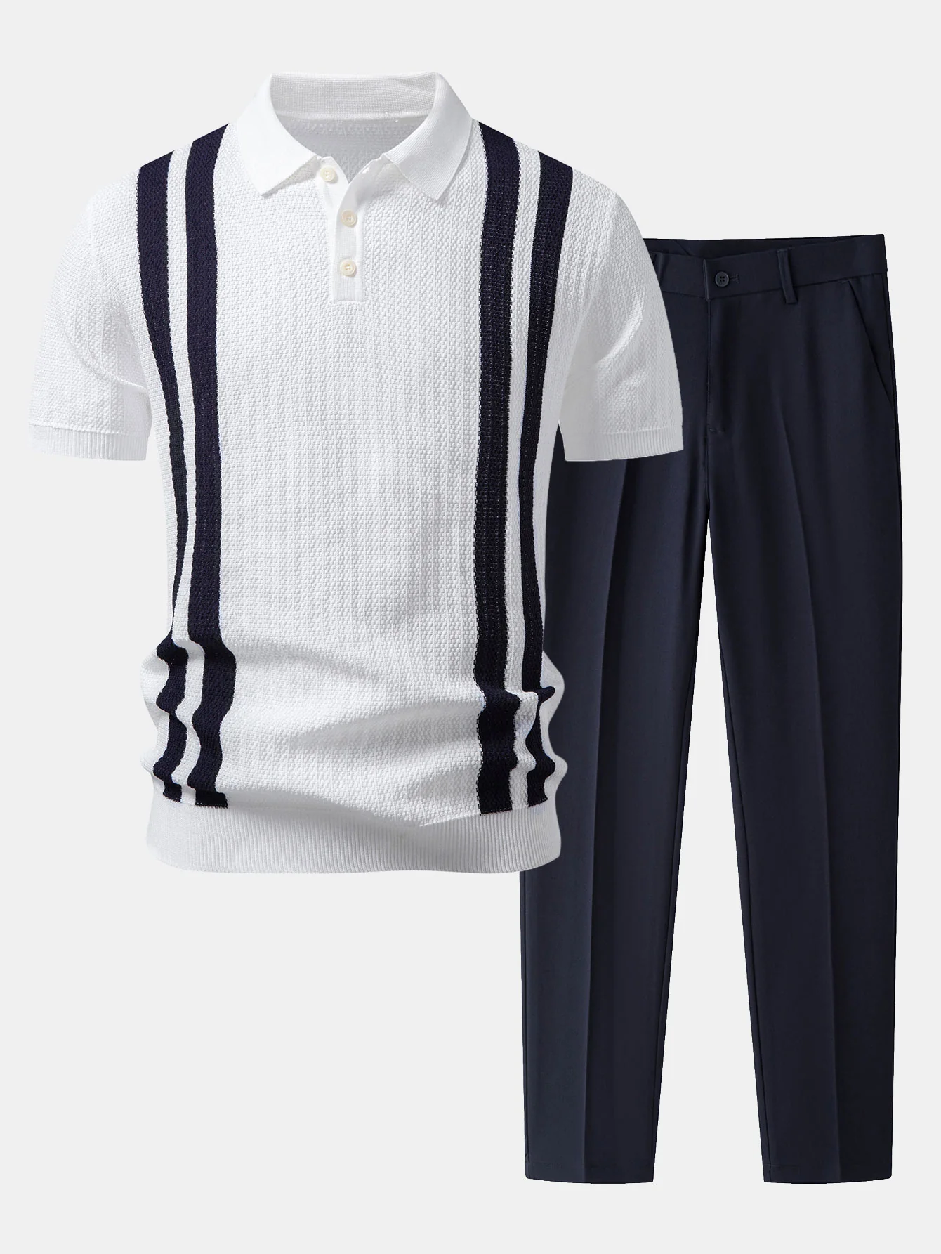 Contrast Textured Knit Polo & Slim Fit Tapered Trousers - Image 2