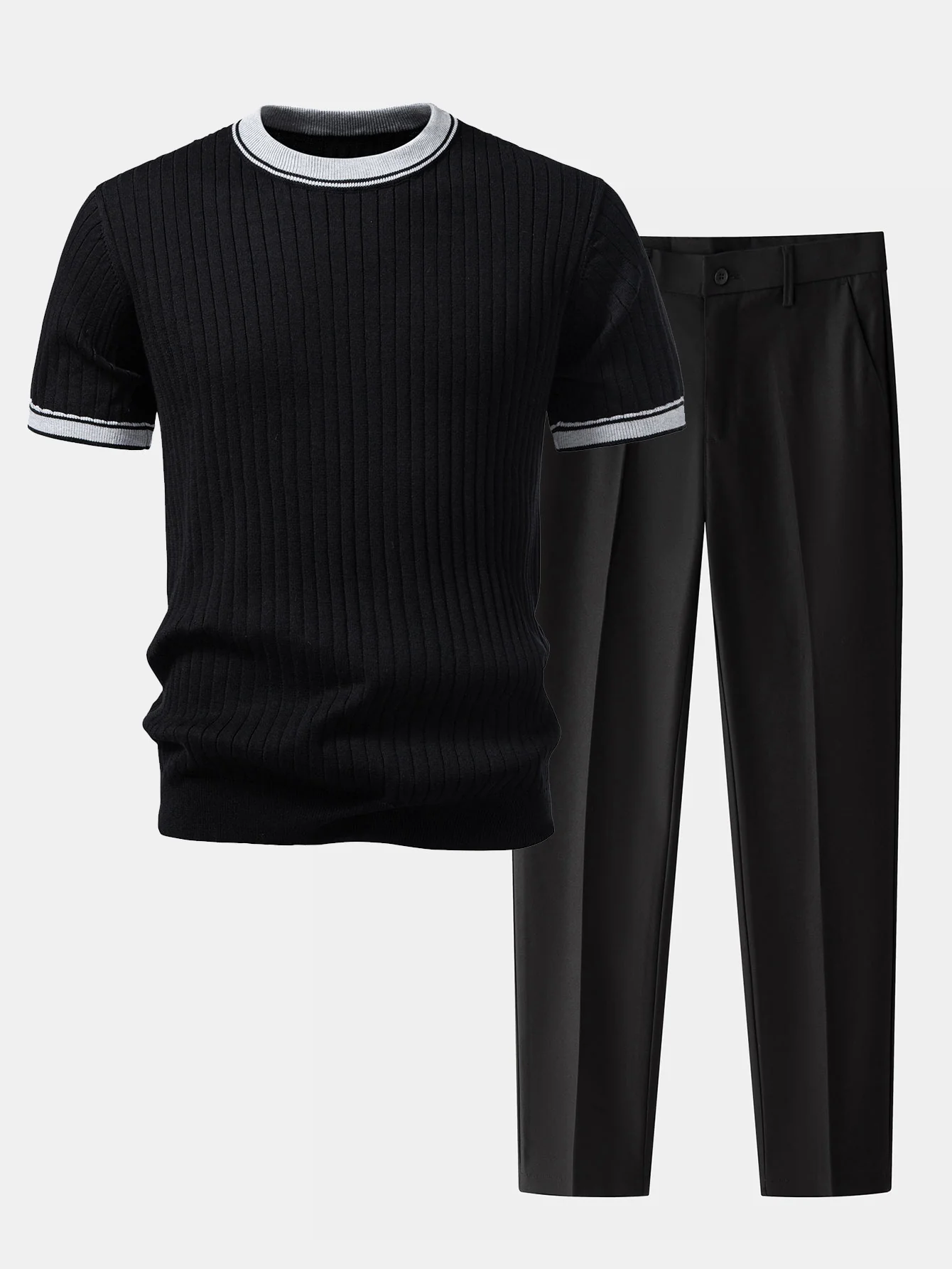 Contrast Trim Crew Neck Knit T-Shirt & Slim Fit Tapered Trousers - Image 2
