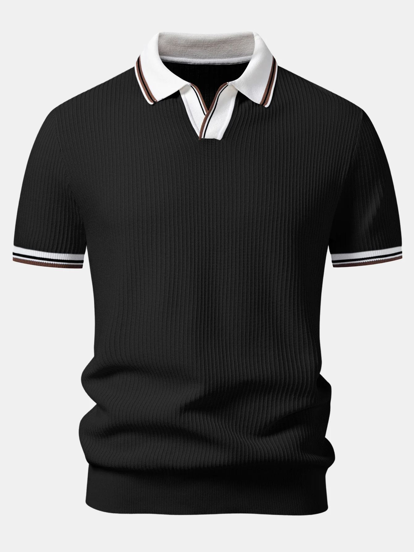 Contrast Trim Waffle Johnny Collar Knit Polo - Image 5