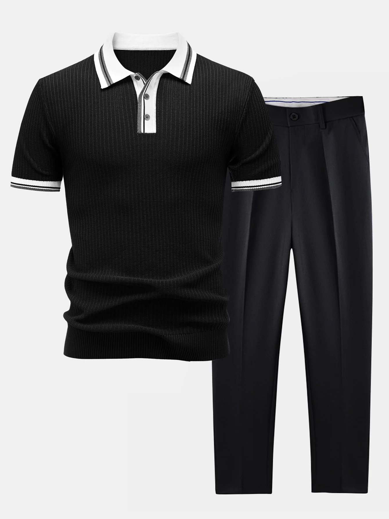 Contrast Trim Knit Polo Shirt & Slim Fit Tapered Trousers - Image 2