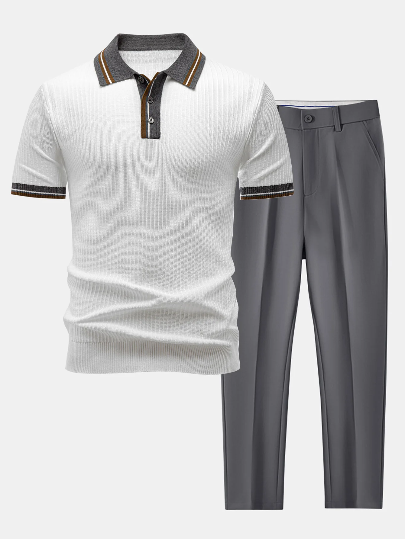 Contrast Trim Knit Polo Shirt & Slim Fit Tapered Trousers - Image 3