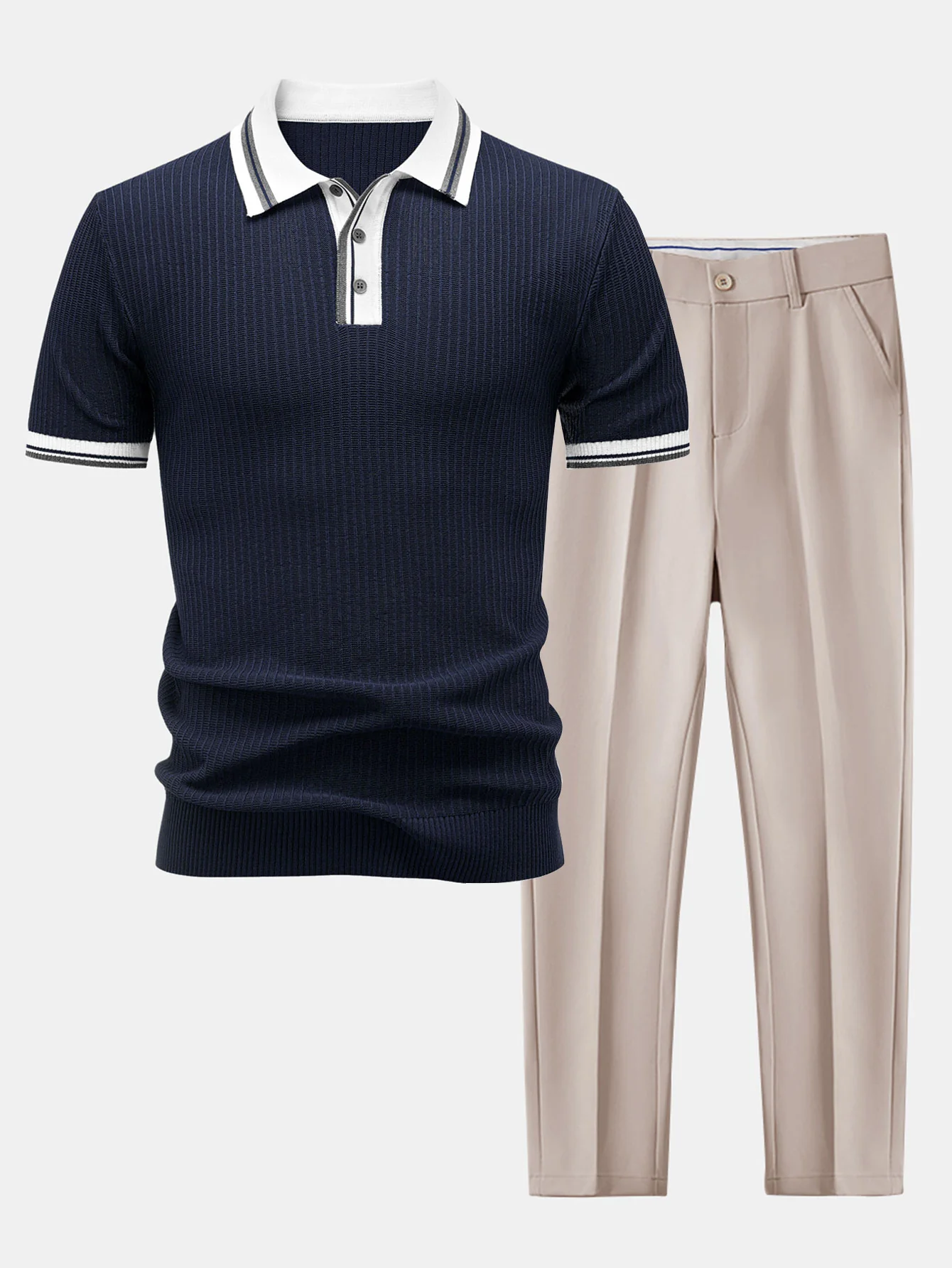 Contrast Trim Knit Polo Shirt & Slim Fit Tapered Trousers - Image 4