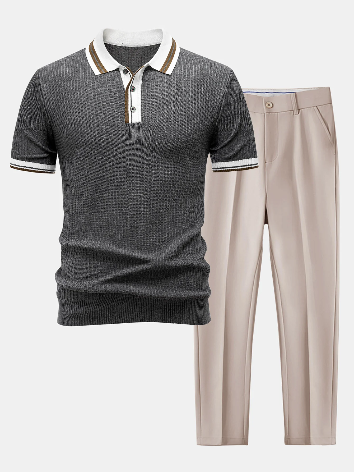 Contrast Trim Knit Polo Shirt & Slim Fit Tapered Trousers - Image 5