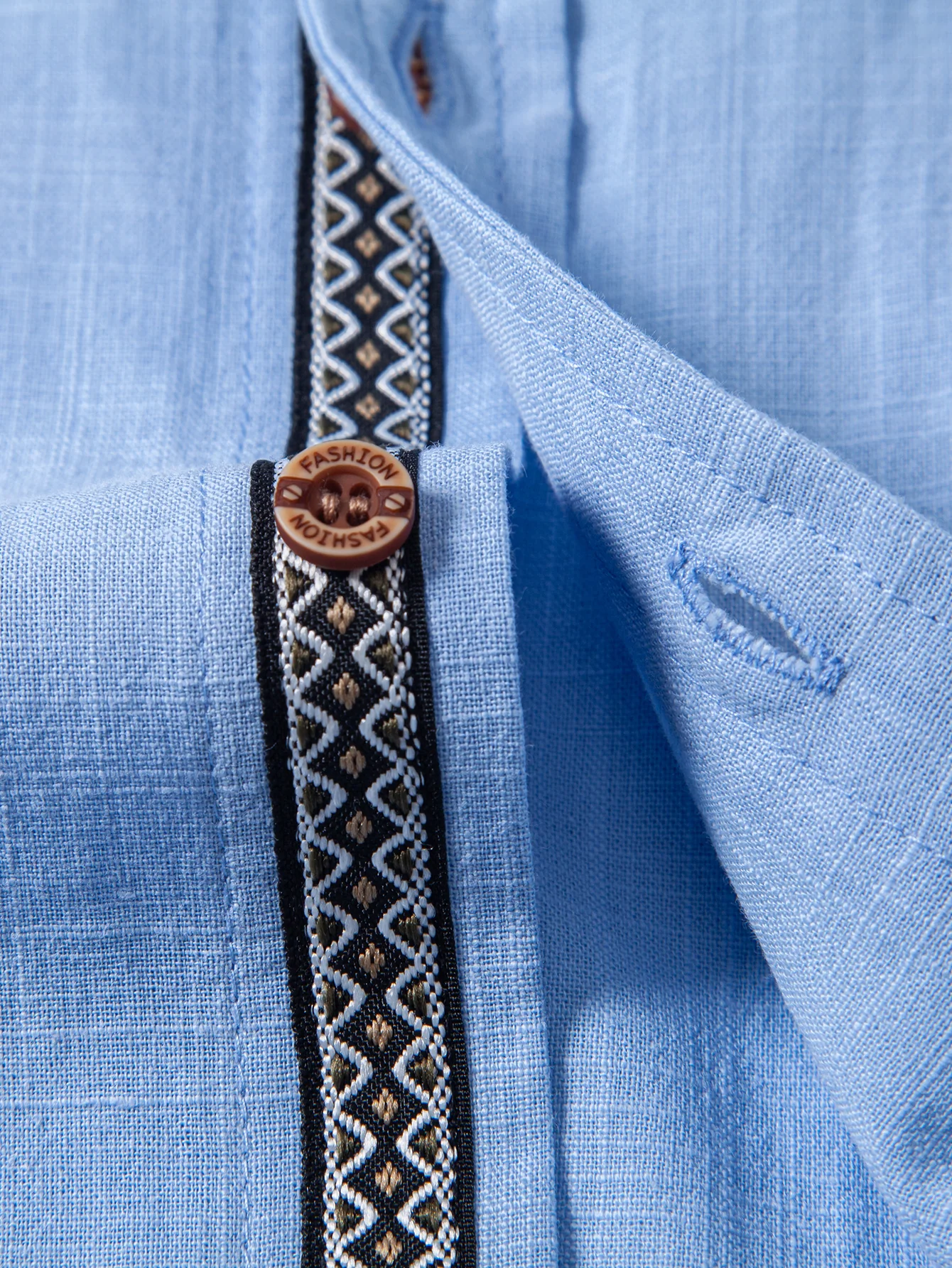 Contrast Trim Linen Look Stand Collar Shirt - Image 11