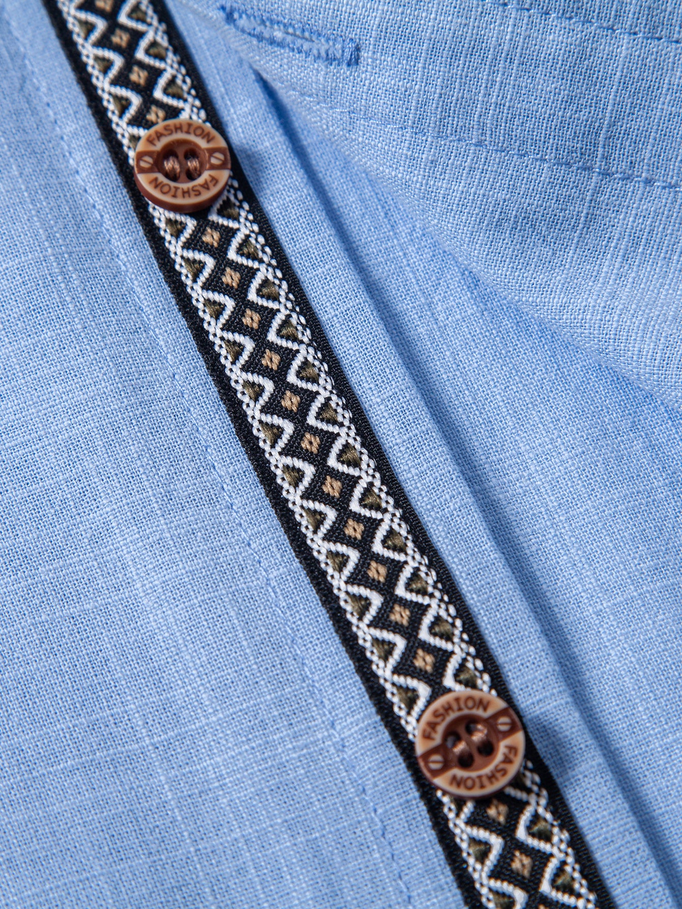Contrast Trim Linen Look Stand Collar Shirt - Image 12
