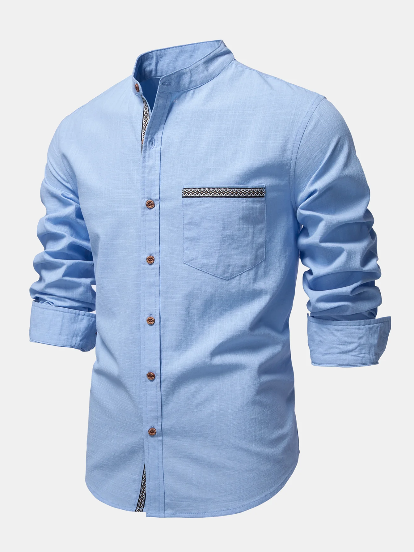 Contrast Trim Linen Look Stand Collar Shirt - Image 2