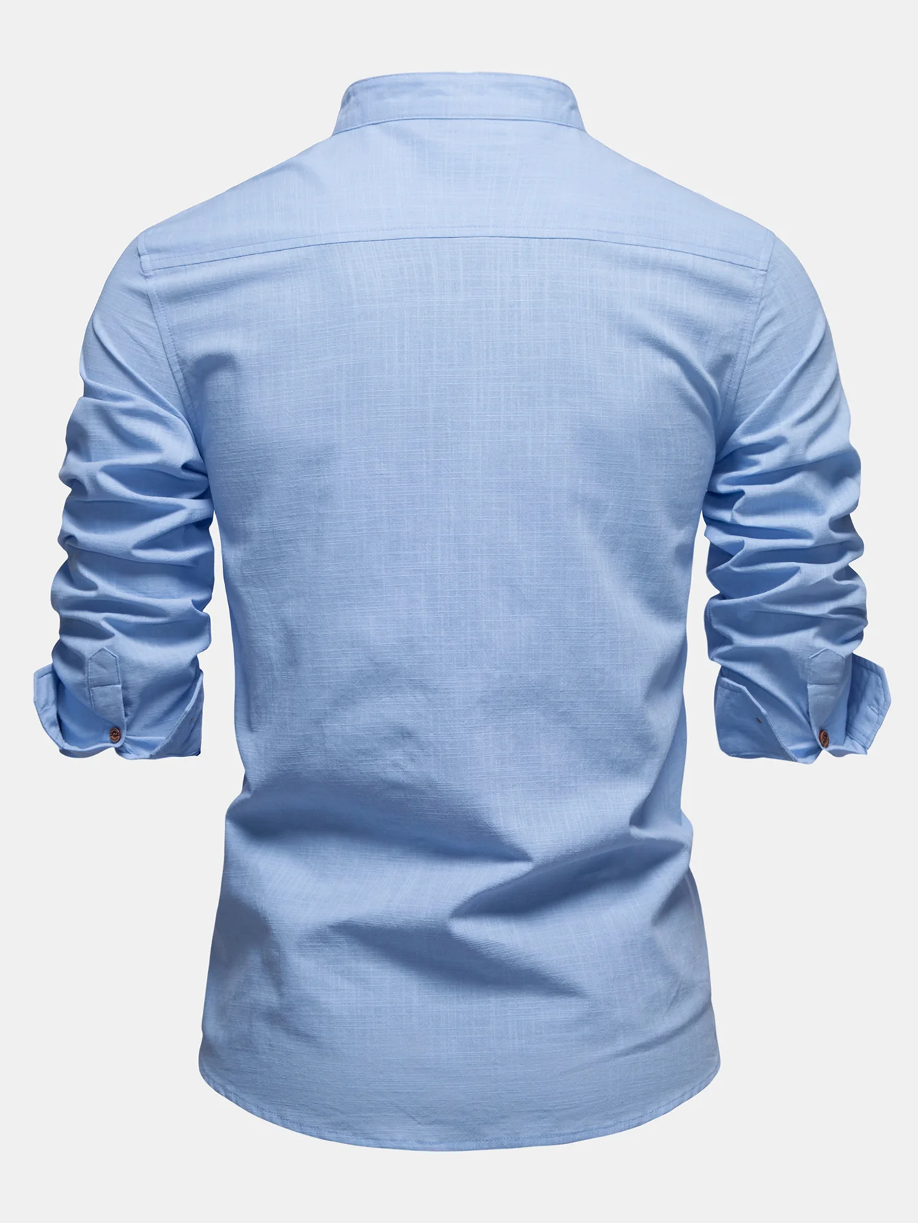 Contrast Trim Linen Look Stand Collar Shirt - Image 3