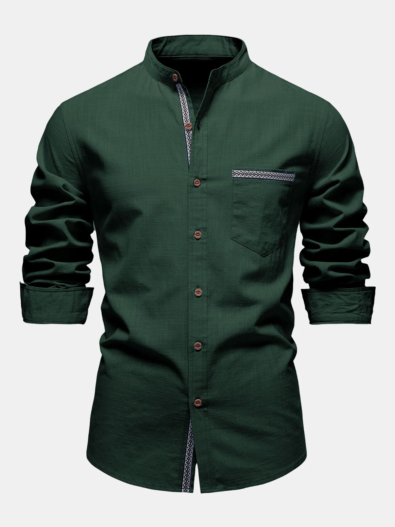 Contrast Trim Linen Look Stand Collar Shirt - Image 4