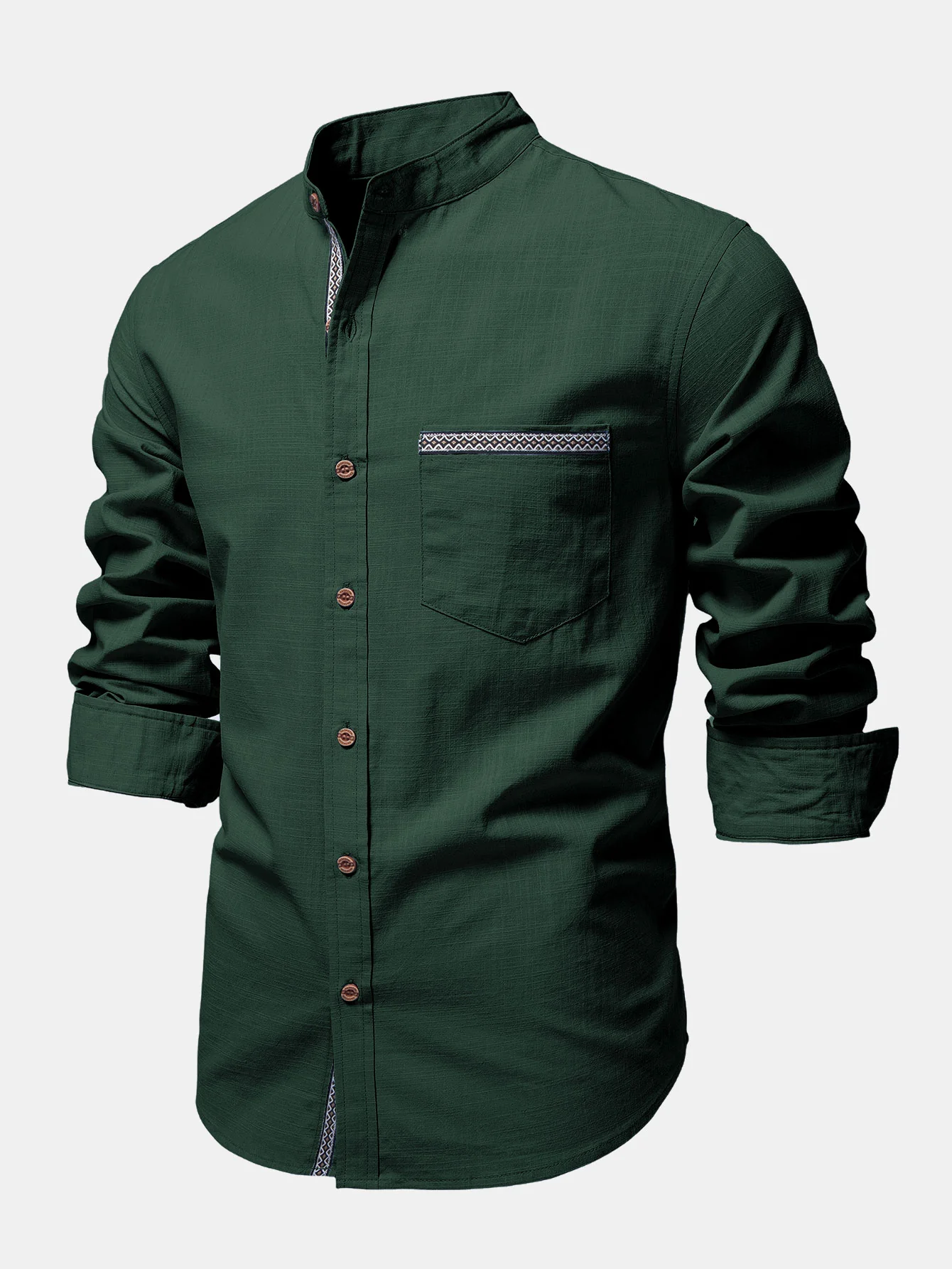 Contrast Trim Linen Look Stand Collar Shirt - Image 5