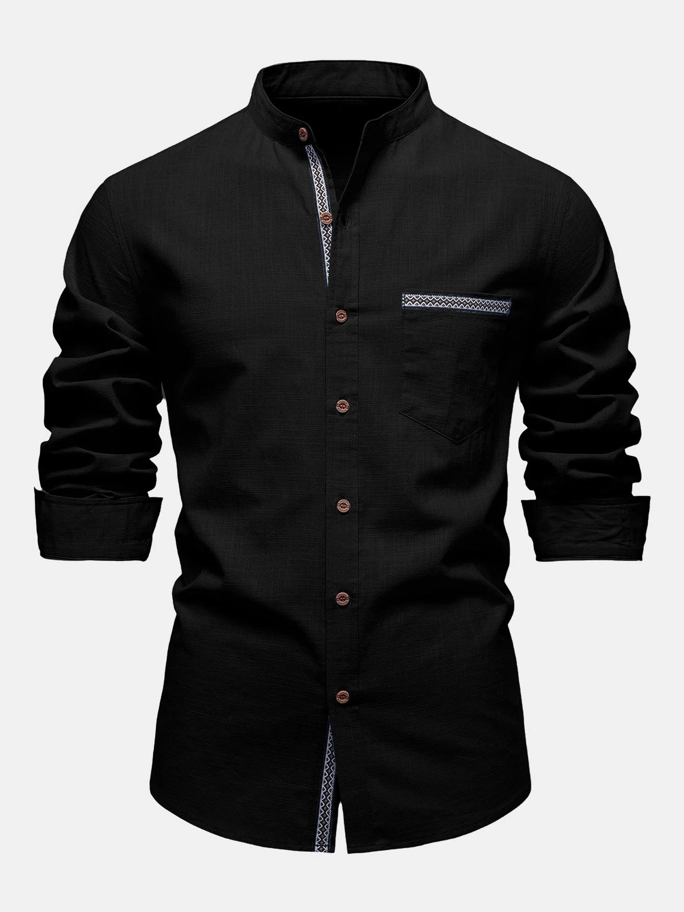 Contrast Trim Linen Look Stand Collar Shirt - Image 7