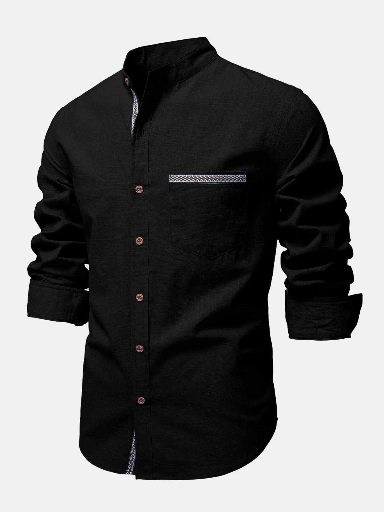 Contrast Trim Linen Look Stand Collar Shirt - Image 8