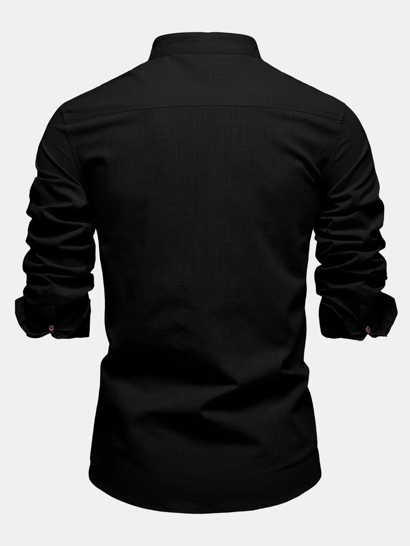 Contrast Trim Linen Look Stand Collar Shirt - Image 9
