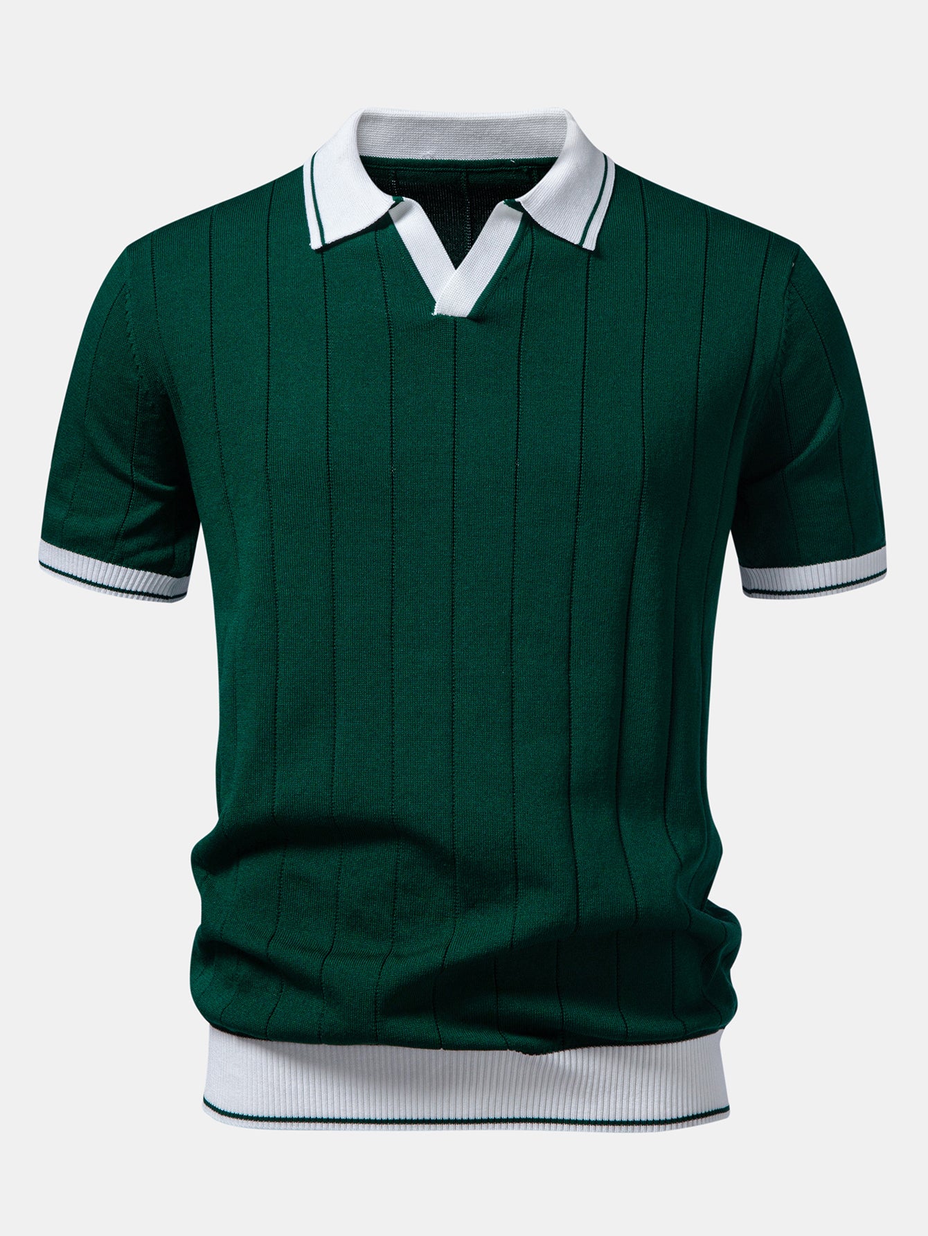 Contrast Trim Ribbed Johnny Collar Knit Polo & Straight Leg Ribbed Pants - Image 9