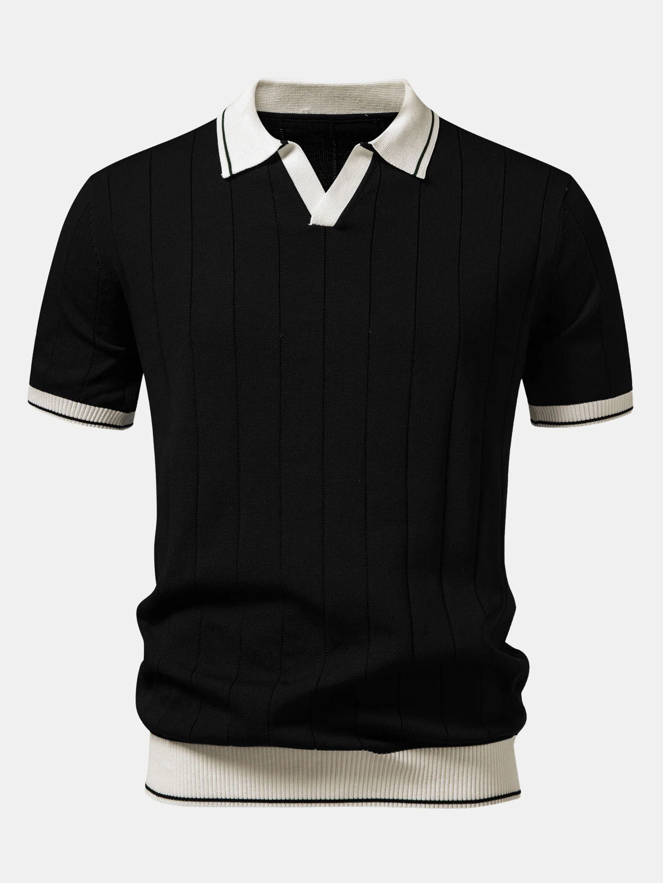 Contrast Trim Ribbed Johnny Collar Knit Polo & Straight Leg Ribbed Pants - Image 11