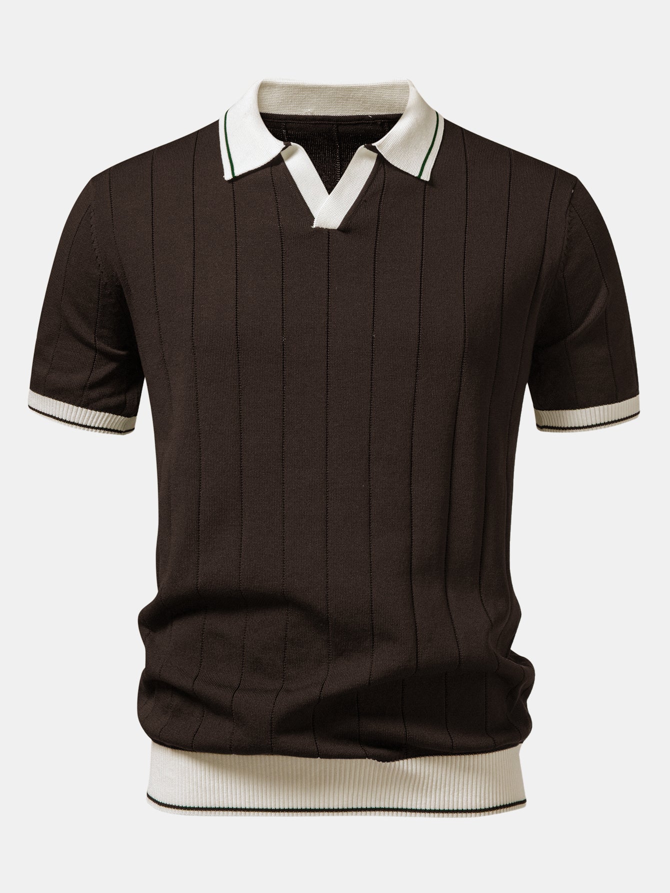 Contrast Trim Ribbed Johnny Collar Knit Polo & Slim Fit Tapered Trousers - Image 15