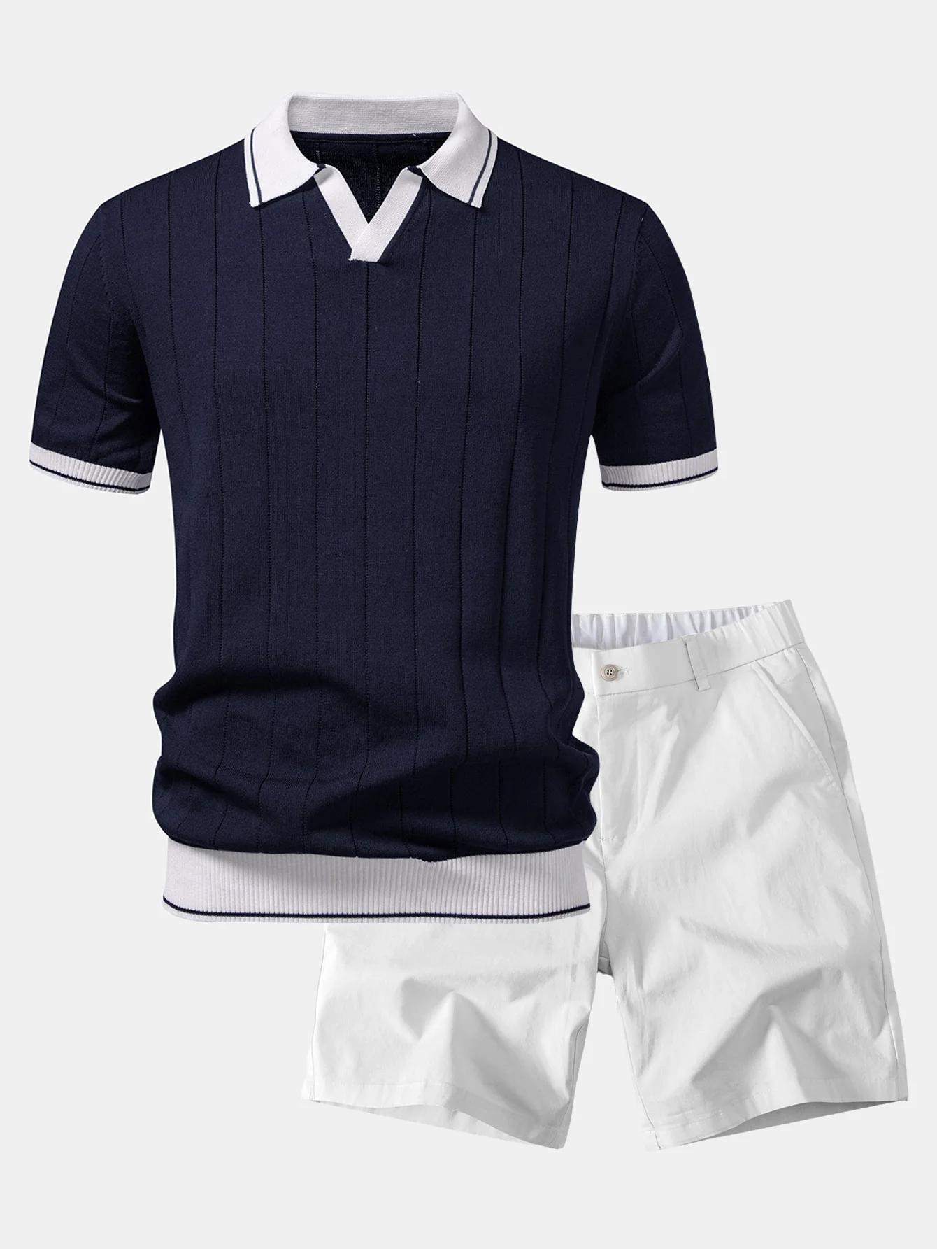 Contrast Trim Ribbed Johnny Collar Knit Polo & Elastic Waist Chino Shorts - Image 2