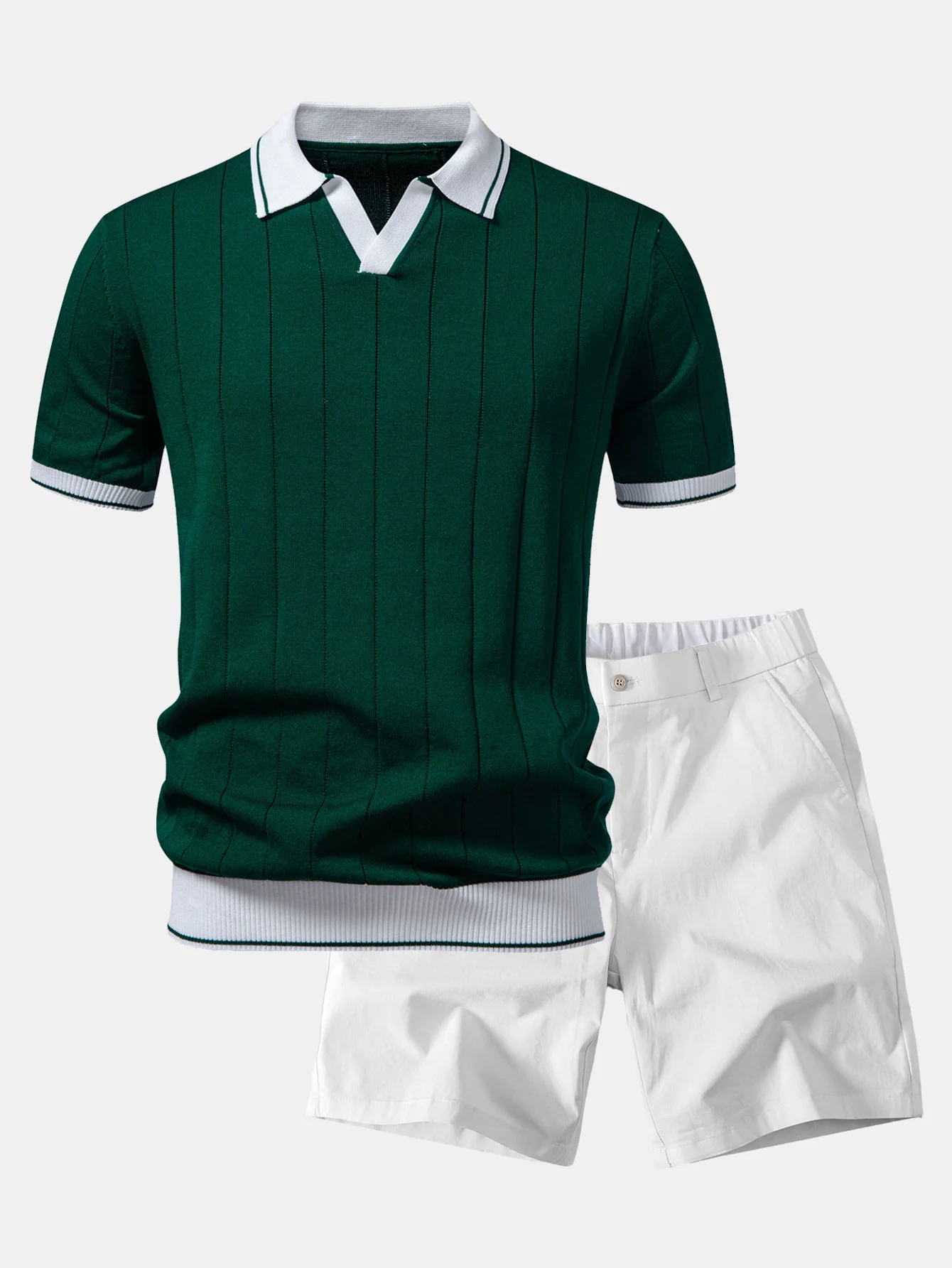 Contrast Trim Ribbed Johnny Collar Knit Polo & Elastic Waist Chino Shorts - Image 3